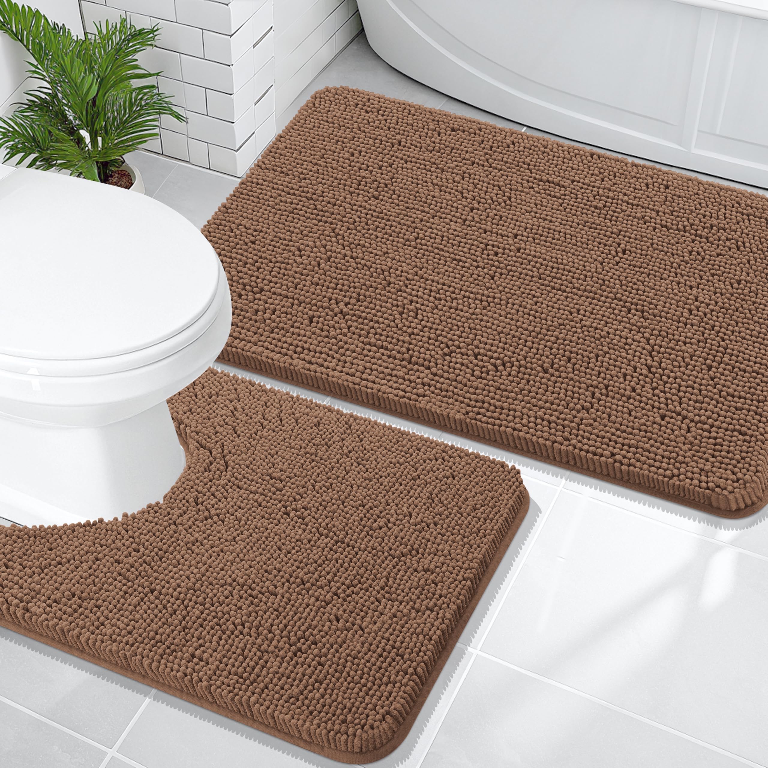 OLANLY Bathroom Rugs Sets 2 Piece, Soft Absorbent Chenille Bath Mats and U-Shaped Contour Toilet Mat Area Rug Set, Machine Washable Bath Carpet, Home Decor Accessories(30"x20"+24"x20", Grey)
