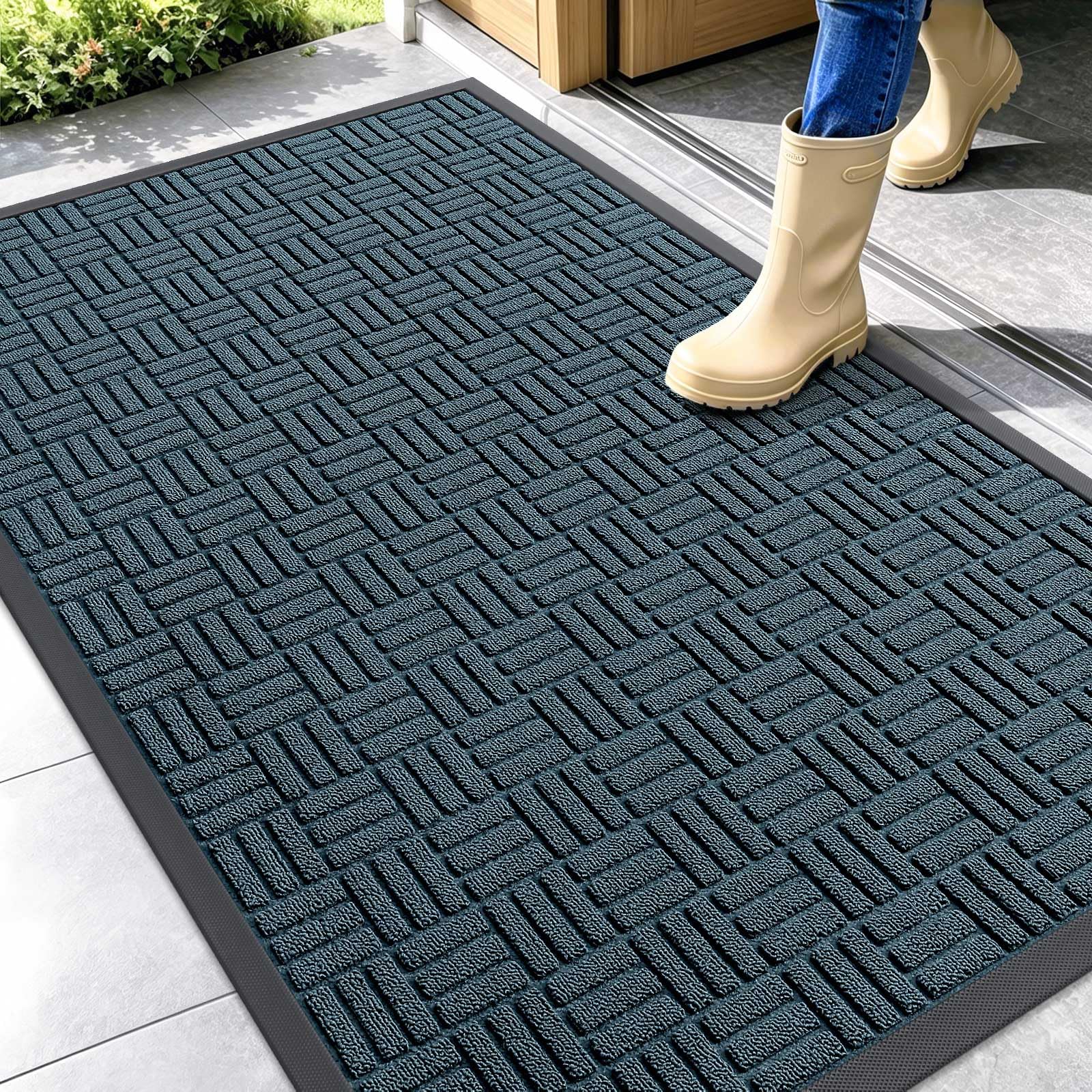 OLANLY Front Door Mat Outside Entrance 29.5x17, Absorbent, Heavy Duty Sturdy Natural Rubber Doormat Indoor Outdoor, Stain and Fade Resistant, Non-Slip Backing Low Profile Floor Mat for Entryway, Grey