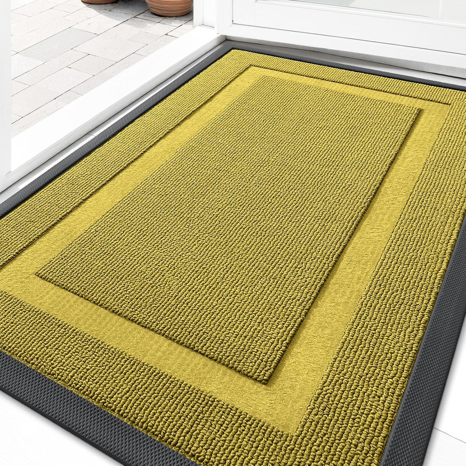 OLANLY Front Door Mat Indoor Outdoor Entrance, Waterproof All-Season, All-Weather Doormat, Sturdy Natural Rubber, Fade Resistant, Low Profile, Easy Clean Patio Porch Entryway Mat, 29.5x17, Beige