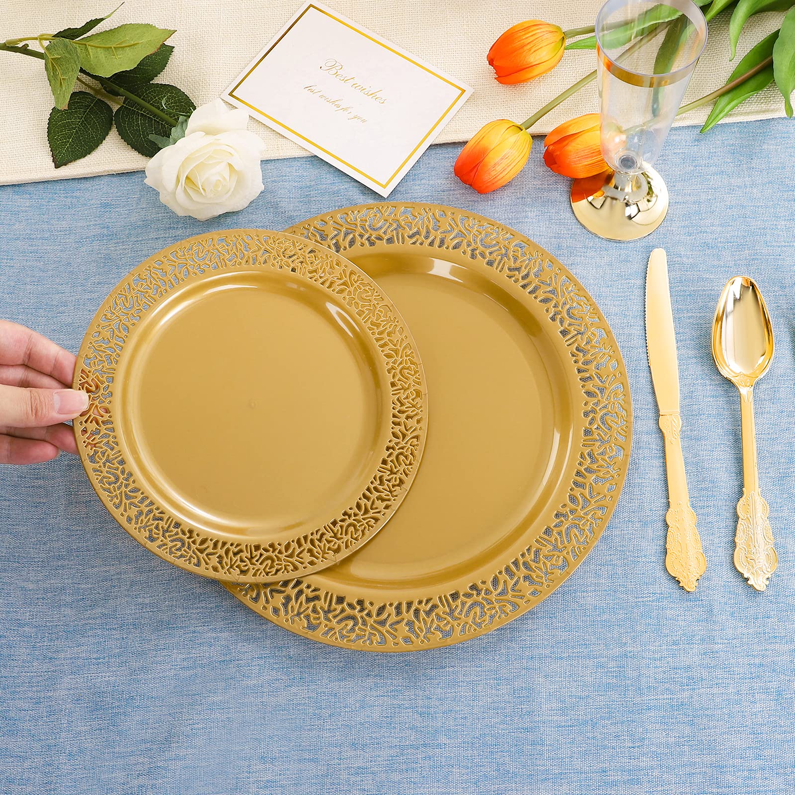 DaYammi 210Pcs White Gold Plastic Plates for Party,Gold Disposable Dinnerware Set Includes 60 gold Floral Plates,30 Plastic Silverware,30 Per Rolled Napkins,30 Cups for Mother's Day Party Wedding