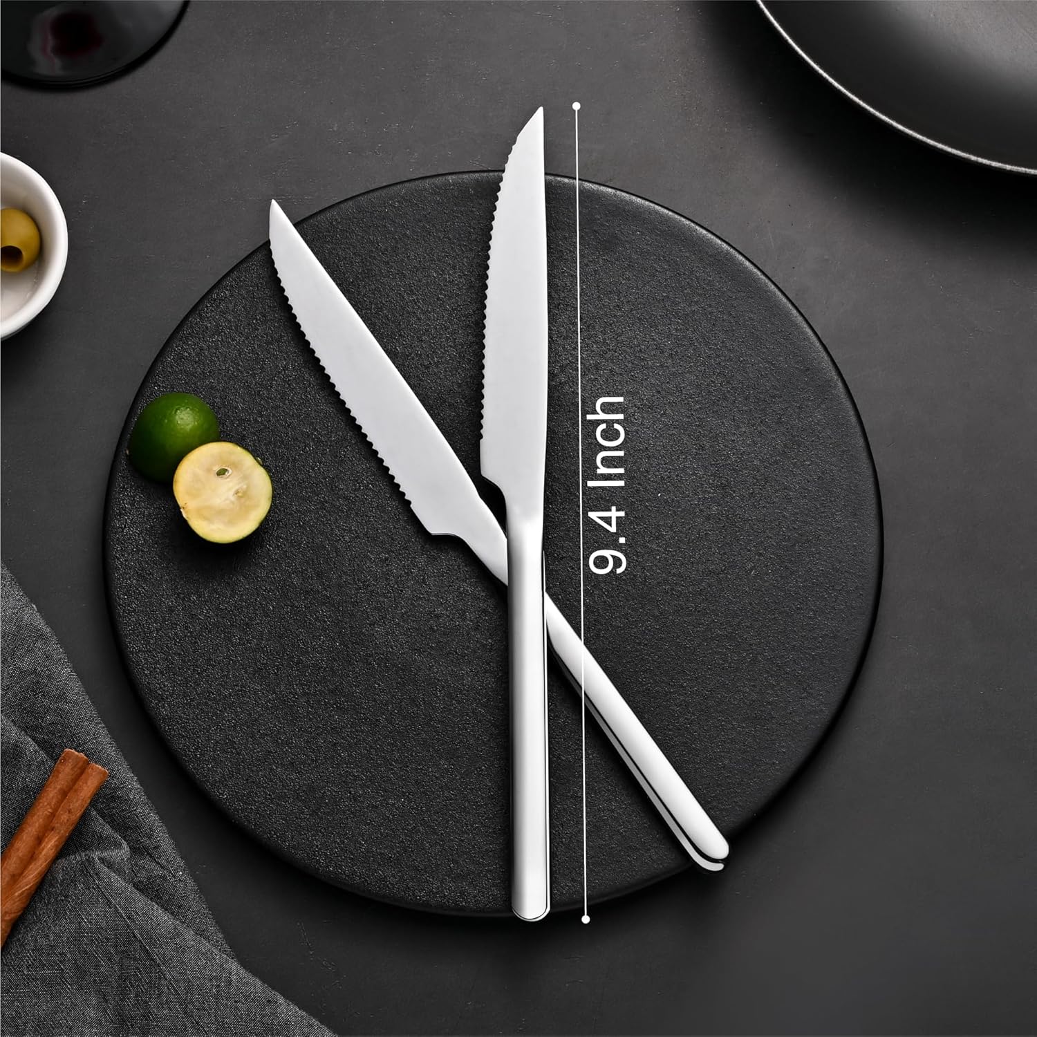 KINGSTONE Sharp Steak Knives, German Stainless Steel Steak Knife Set of 4 with Full-Serrated Blade, 9.4-Inch Sleek Design Table Knives, Mirror Polished
