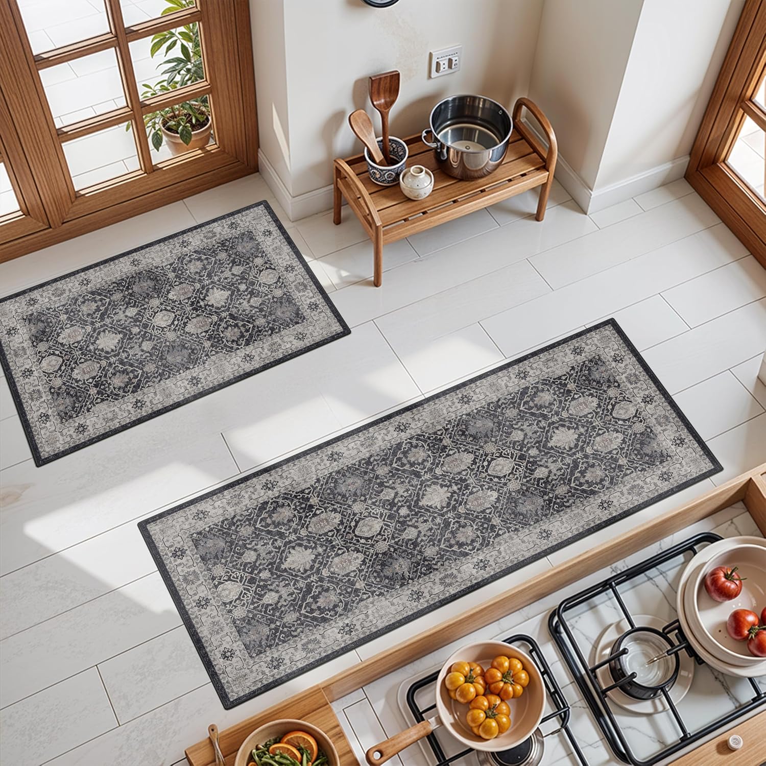 Washable 2x3 Entryway Area Rug - Neutral Kitchen Rug Runner Vintage Soft Floor Mat Non Slip Indoor Farmhouse Carpet for Bathroom Living Room Bedroom (2 X 3, Beige)