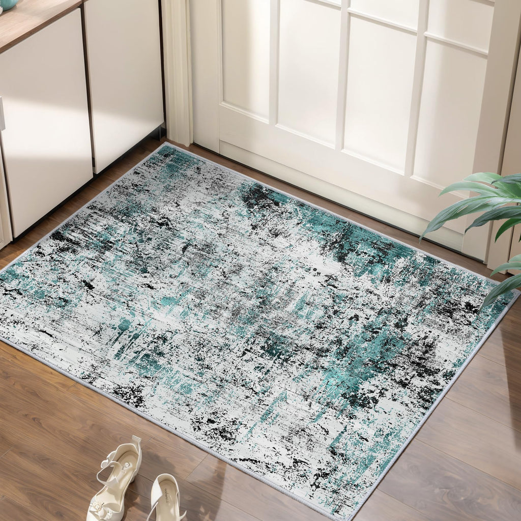 Ciicool Modern Abstract Area Rug 2x3 Washable Small Entryway Rug, Non-Slip Low Pile Throw Rug, Foldable Kitchen Bathroom Rugs, Blue Grey Floor Carpet for Entrance Living Room Bedroom Indoor Doormat