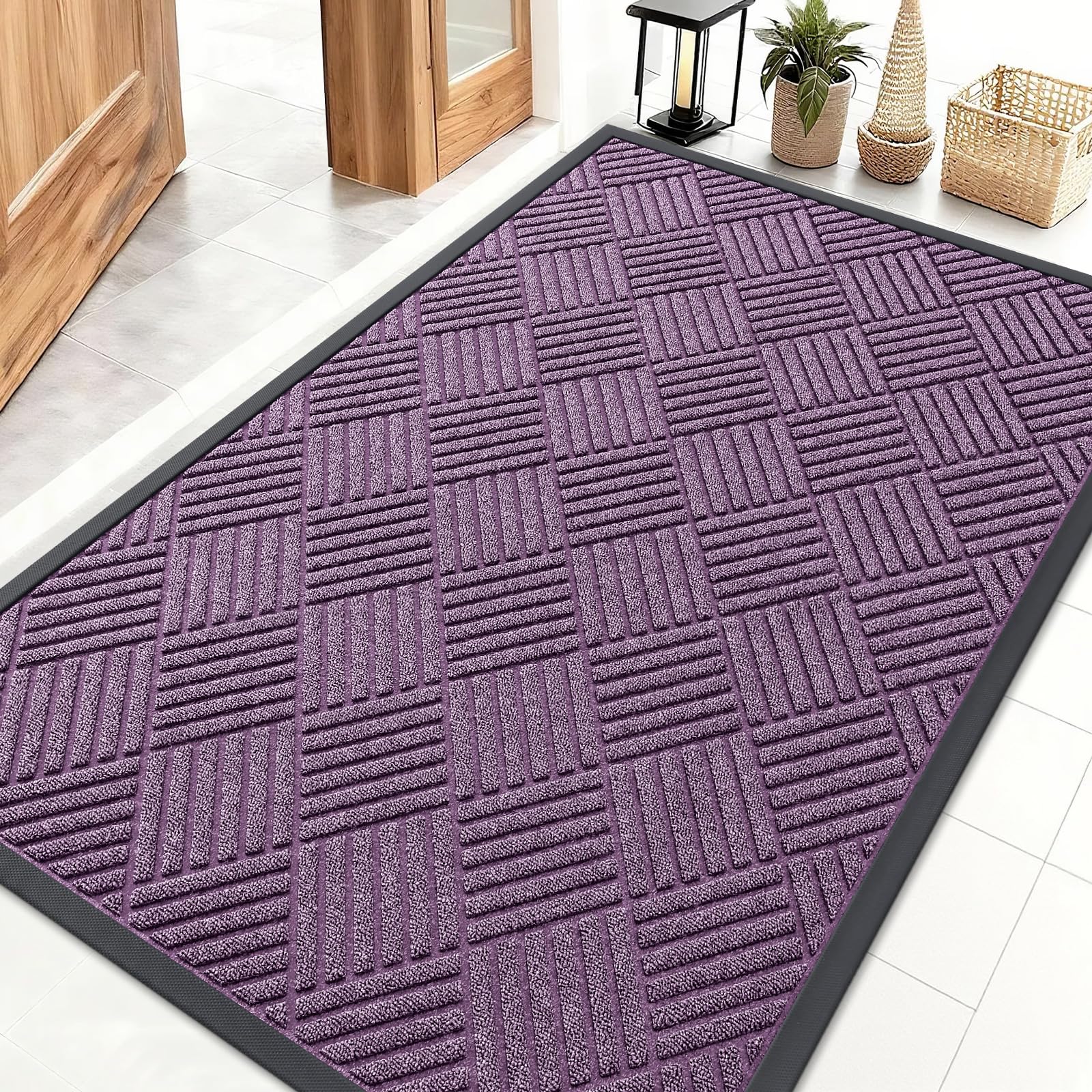 OLANLY Front Door Mat Outside Entrance 29.5x17, Absorbent, Heavy Duty Sturdy Natural Rubber Doormat Indoor Outdoor, Stain and Fade Resistant, Non-Slip Low Profile Floor Mat for Entryway, Grey Diamond