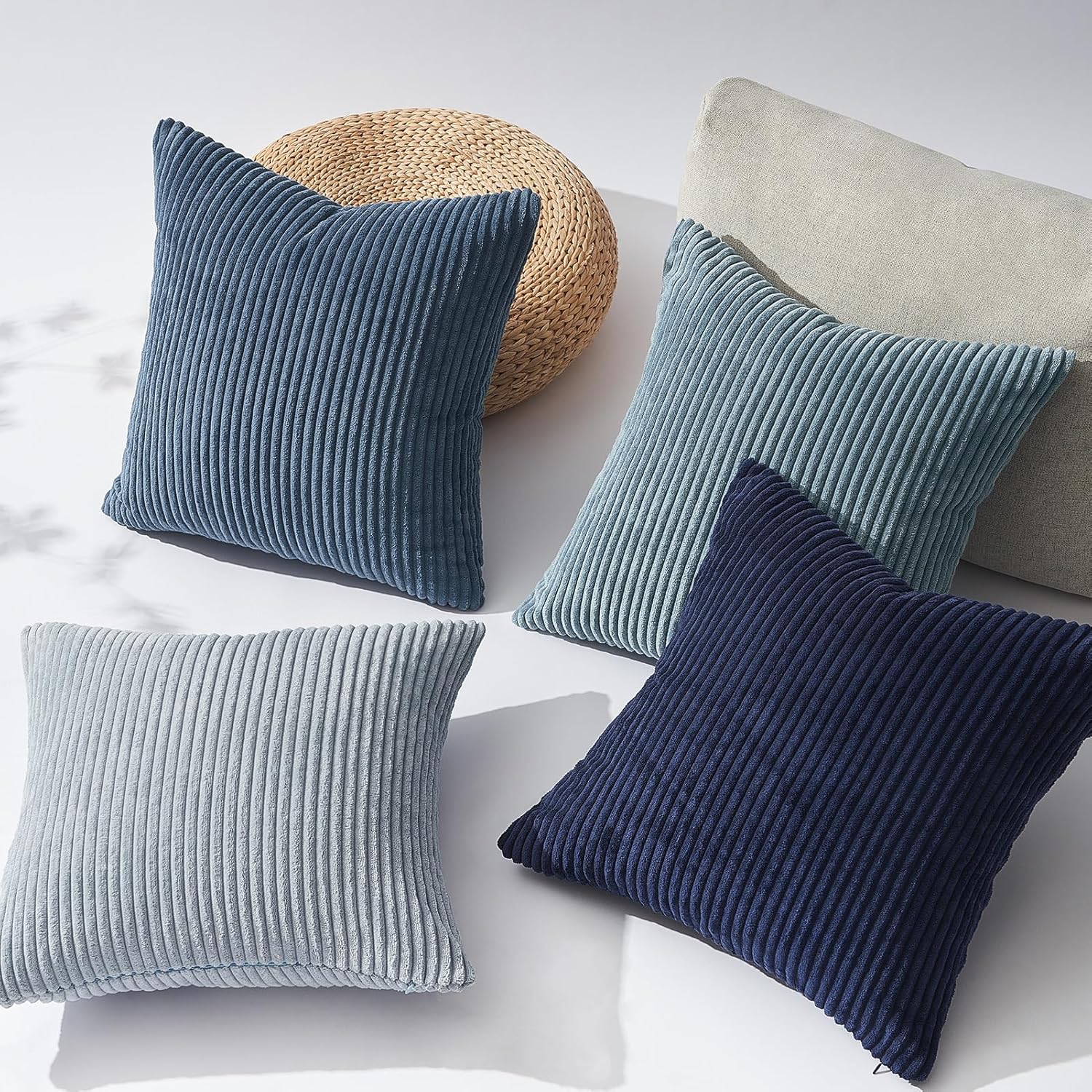 Topfinel BlueGray Decorative Throw Pillow Covers 22x22 Inch Set of 4,Soft Accent Corduroy Striped Gradient Color Small Cushion Cover for Beach,Patio,Balcony,Couch Living Room,Summer Home Decor