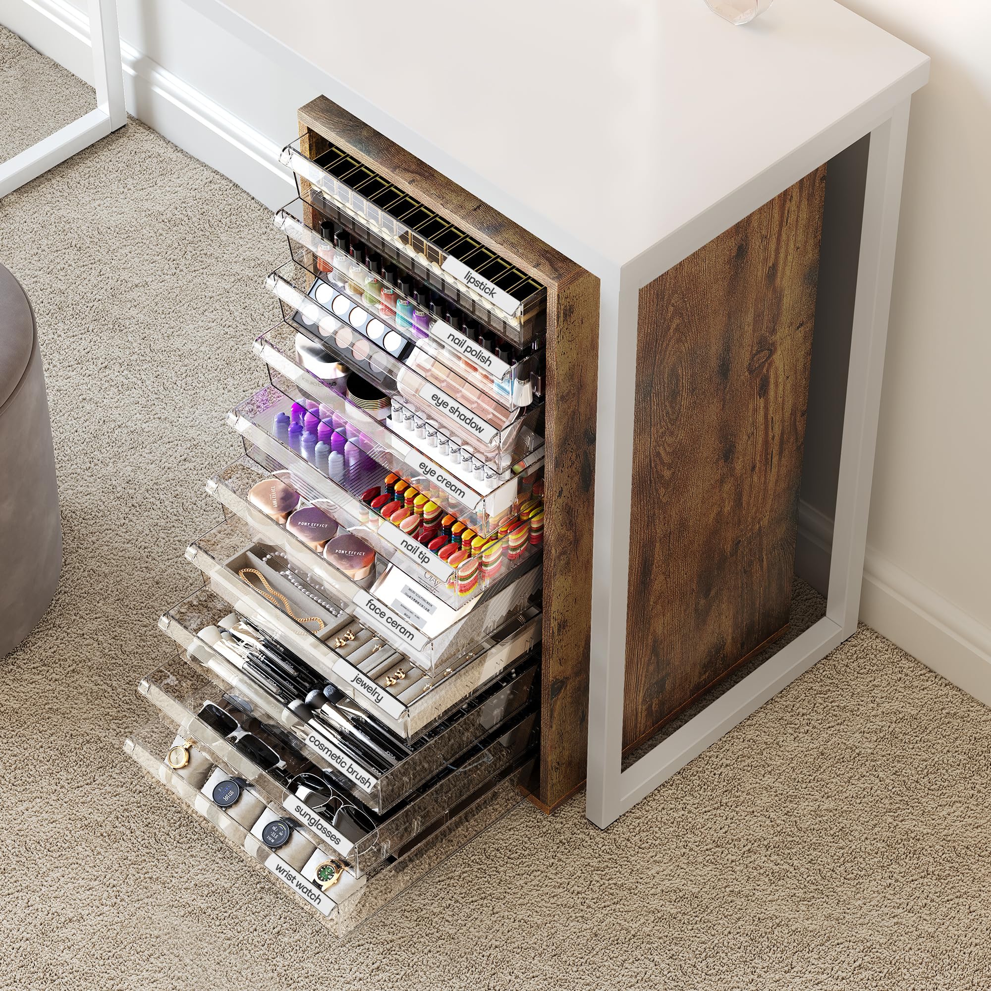 WOPITUES Storage Drawer Cart, Mobile Storage Cabinet, Makeup Storage with 10 Large Clear Drawers, Utility Wooden Rolling Cart on Wheels, for Cosmetic, Art Craft, Office Supplies, Toy, White