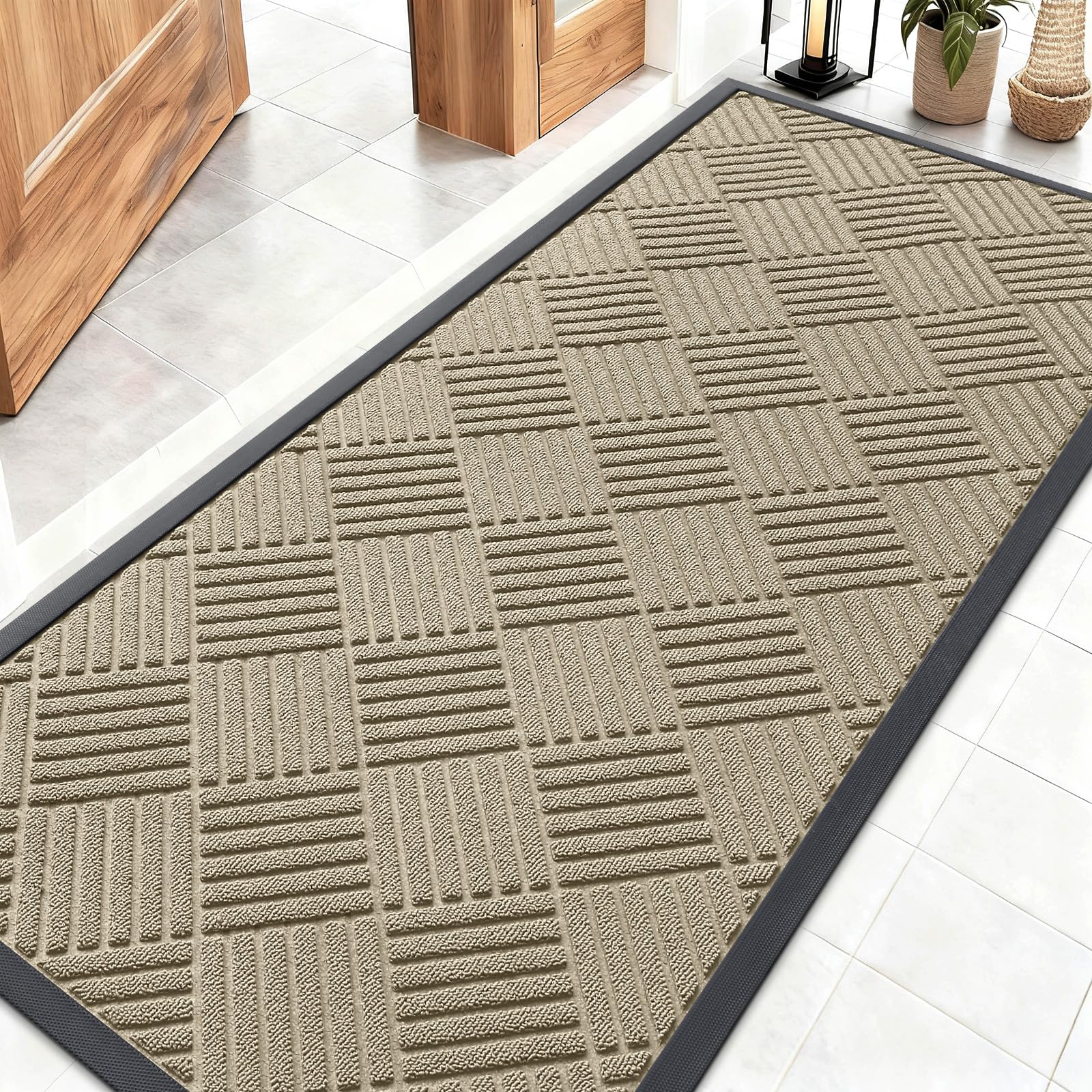 OLANLY Front Door Mat Outside Entrance 29.5x17, Absorbent, Heavy Duty Sturdy Natural Rubber Doormat Indoor Outdoor, Stain and Fade Resistant, Non-Slip Low Profile Floor Mat for Entryway, Grey Diamond