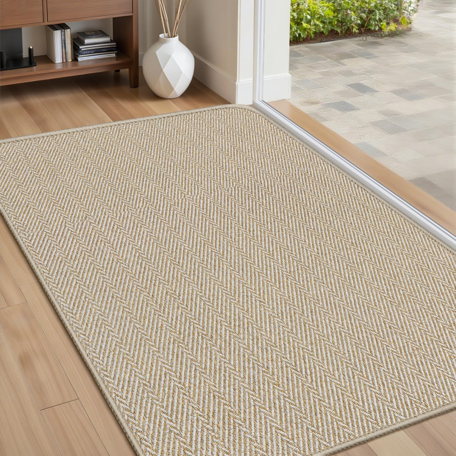 Ultra Thin Door Mat Indoor Entrance 17"x29", Low-Profile Indoor Door Mat, Non Slip Entry Mat Rubber Backing Unique Herringbone Design Inside Doormat Dirt Trapper Entryway Mats, Beige