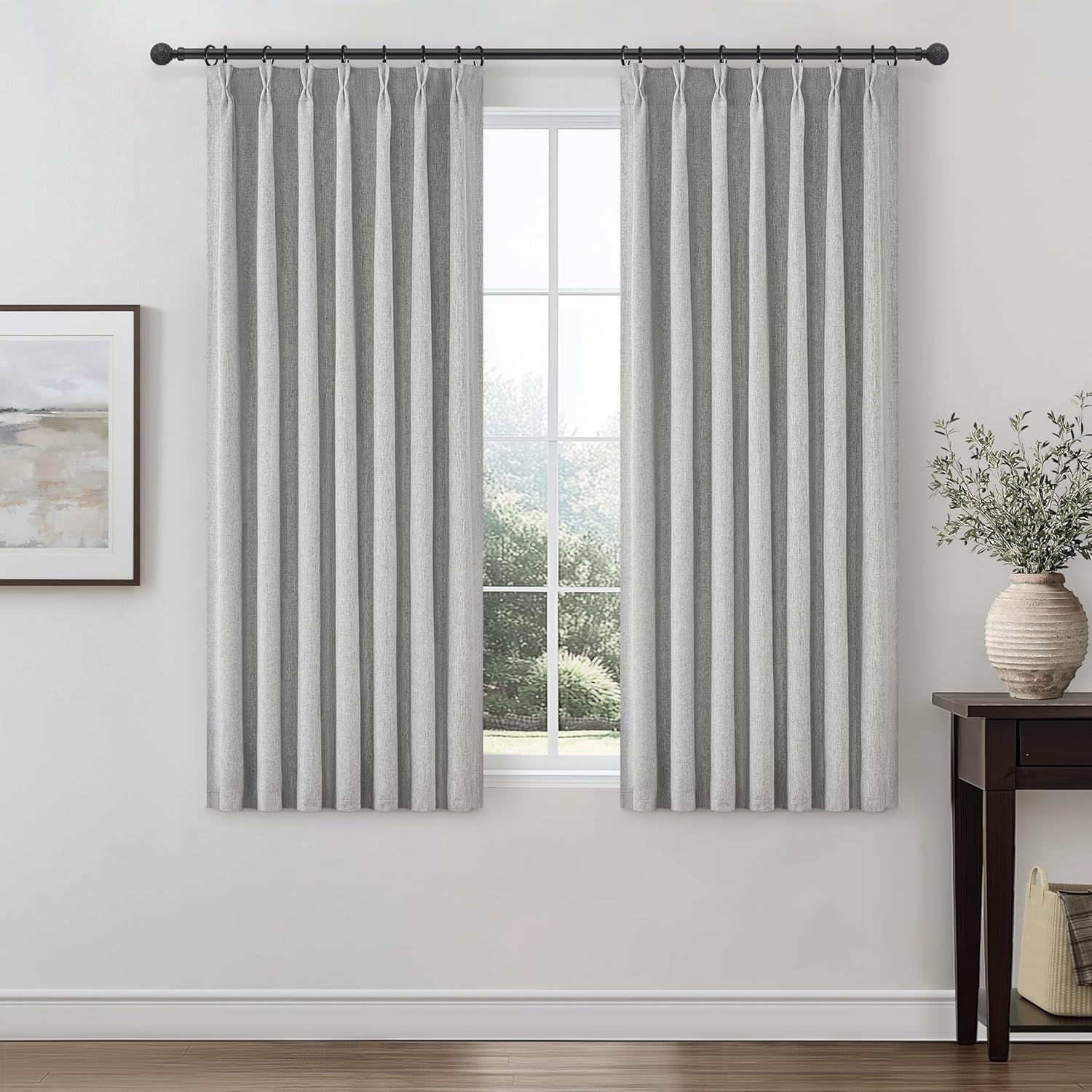 Natural Linen Pinch Pleated Blackout Curtains & Drapes 96 Inch Long Bedroom/Livingroom Farmhouse Curtains 2 Panel Sets, Neutral Track Room Darkening Thermal Insulated 8ft Back Tab Window Curtain