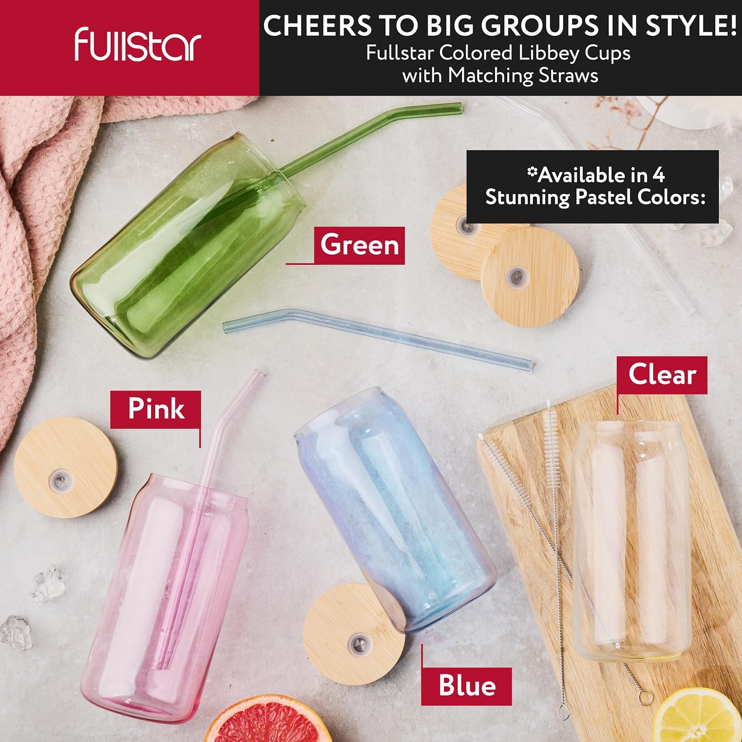 fullstar Glass Tumblers with Lids and Straws – Reusable Iced Coffee Cups with Bamboo Lids (Multicolor, 8 Pack)