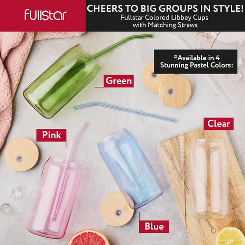 fullstar Glass Tumblers with Lids and Straws – Reusable Iced Coffee Cups with Bamboo Lids (Multicolor, 8 Pack)