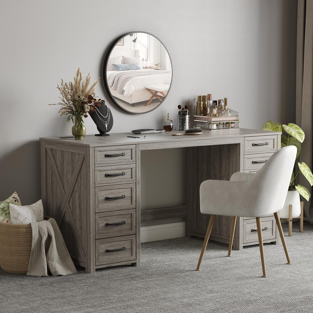 WOPITUES 60" Boho Home Office Desk with 10 Wooden Drawers, Rattan Computer Writing Desk with Power Outlets, Large Executive Desk with Storage Cabinet for Work Study Writing Craft, Black & Brown