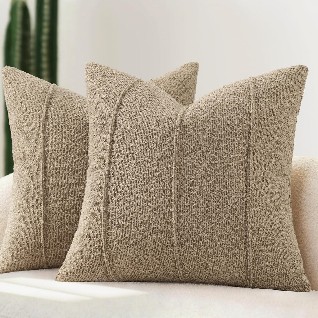 YCOLL Textured Boucle Throw Pillow Covers 20x20 Pack of 2 - Soft Neutral Striped Cushion Covers, Cozy Accent Decorative Pillow Covers for Couch, Sofa, Bed, Living Room (Beige)