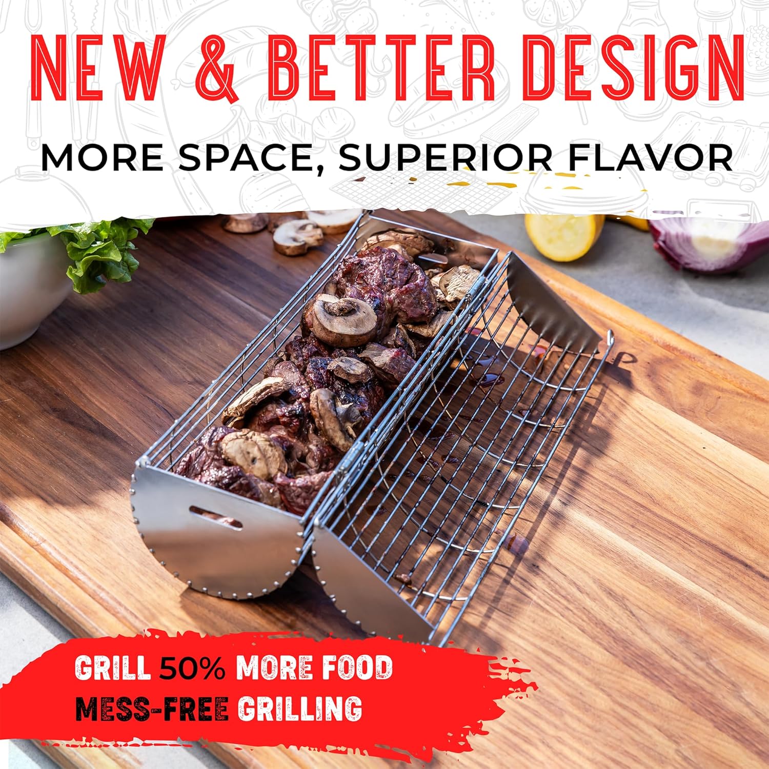 Rolling Grill Basket, New Opening Design, Extra Sturdy Cylinder Grilling Basket, Food Grade Stainless Steel, Large Portable Outdoor Camping accessories BBQ Net Rack, Cooking Griller for Fish, Vegetables, and More - Gifts for Men Dad Husband - Set of 2