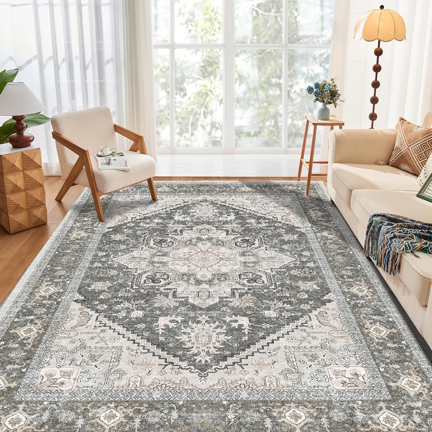 OPPODREAM Soft Area Rugs 5x7, 5x7 Washable Rug with Non Slip Backing, 5 x 7 Faux Cashmere Low-Pile Carpet, Brown