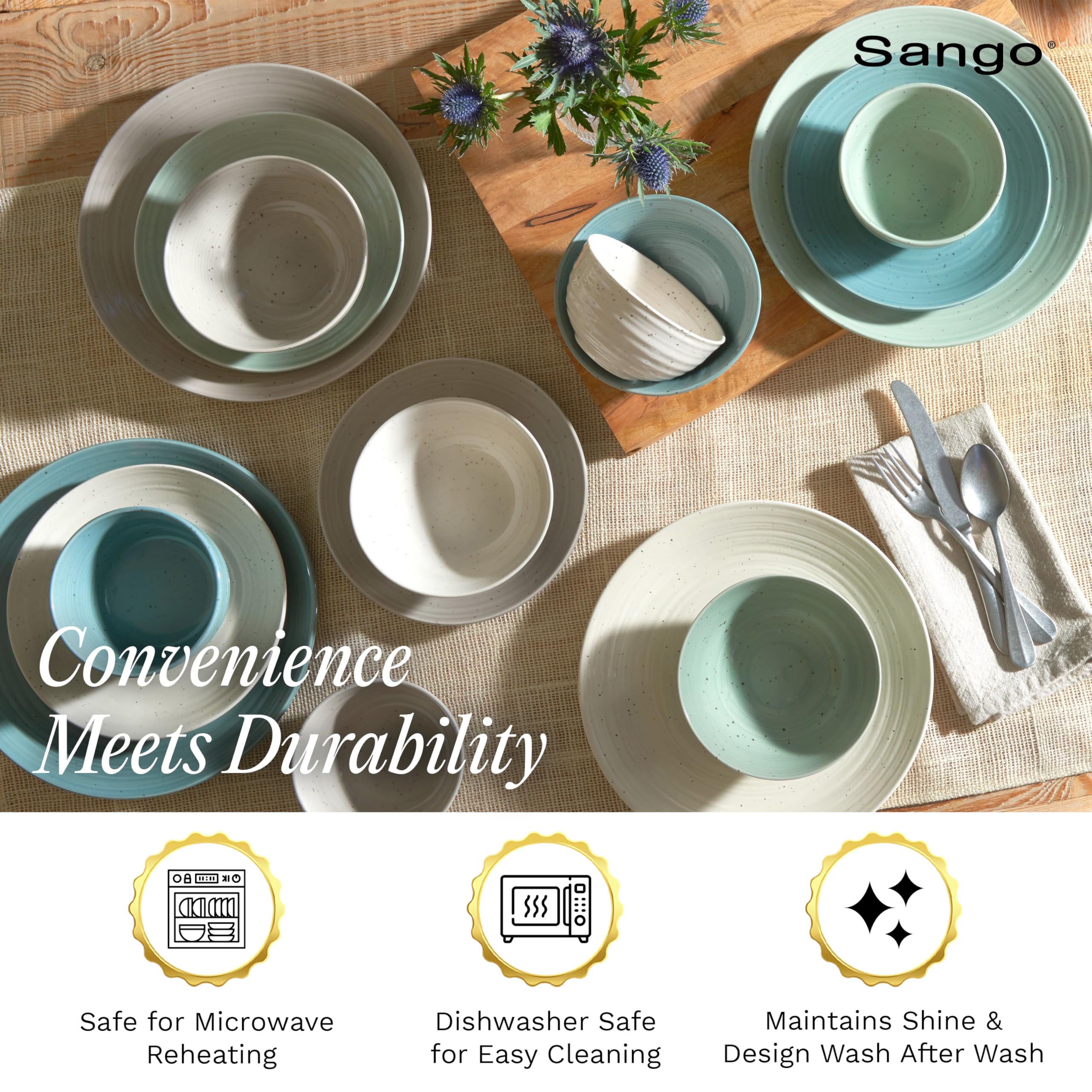 Sango Siterra Painter's Palette 16-Piece Stoneware Dinnerware Set - Service for 4, Ceramic Plates and Bowls Sets, Chip Resistant, Rustic Dishware, Microwave & Dishwasher Safe Kitchen Dishes
