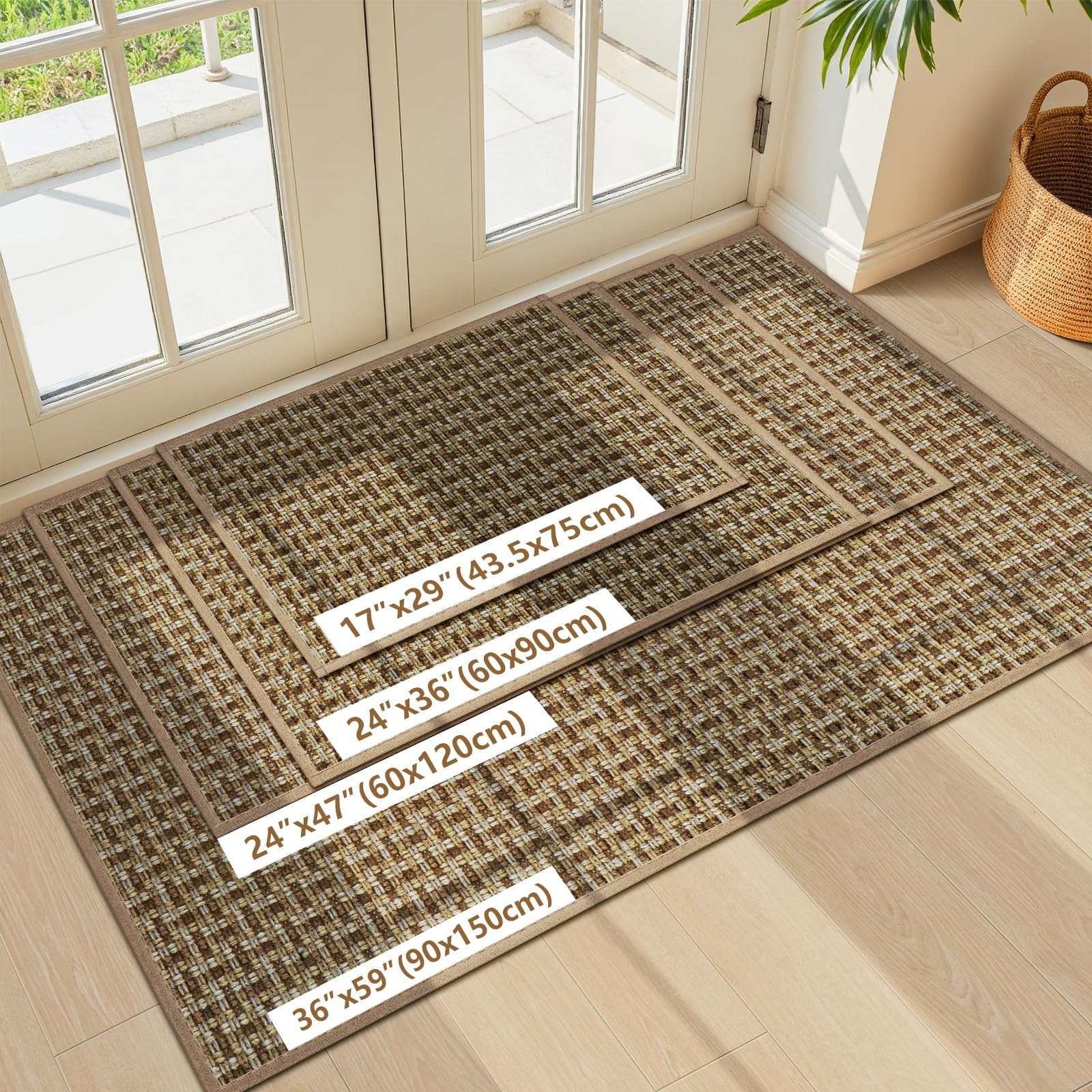 LEKEEPGO Ultra Thin Indoor Door Mat 17"x29", Low-Profile Door Mat Indoor Entrance, Non Slip Rubber Backing Inside Doormat Washable Welcome Front Entryway Dirt Trapper Entry Mat, Khaki