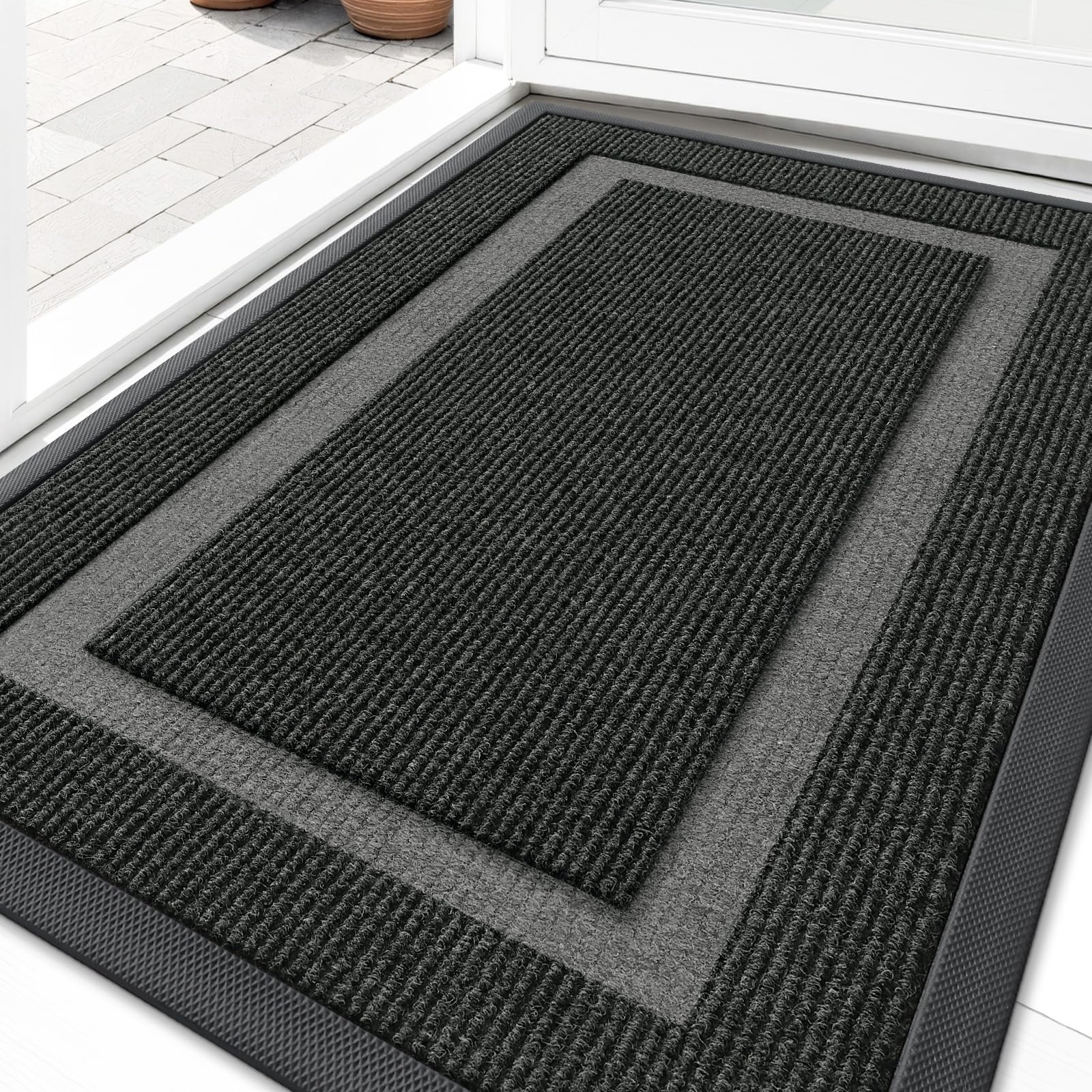 OLANLY Front Door Mat Indoor Outdoor Entrance, Waterproof All-Season, All-Weather Doormat, Sturdy Natural Rubber, Fade Resistant, Low Profile, Easy Clean Patio Porch Entryway Mat, 29.5x17, Black