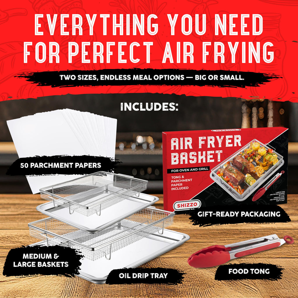 Air Fryer Basket for Oven(Set of 2) – Stainless Steel Air Fryer Tray and Pan Set with 50 Parchment Papers & Food Tongs – Oven Air Fryer Basket and Tray for Baking, Grilling, Crisping
