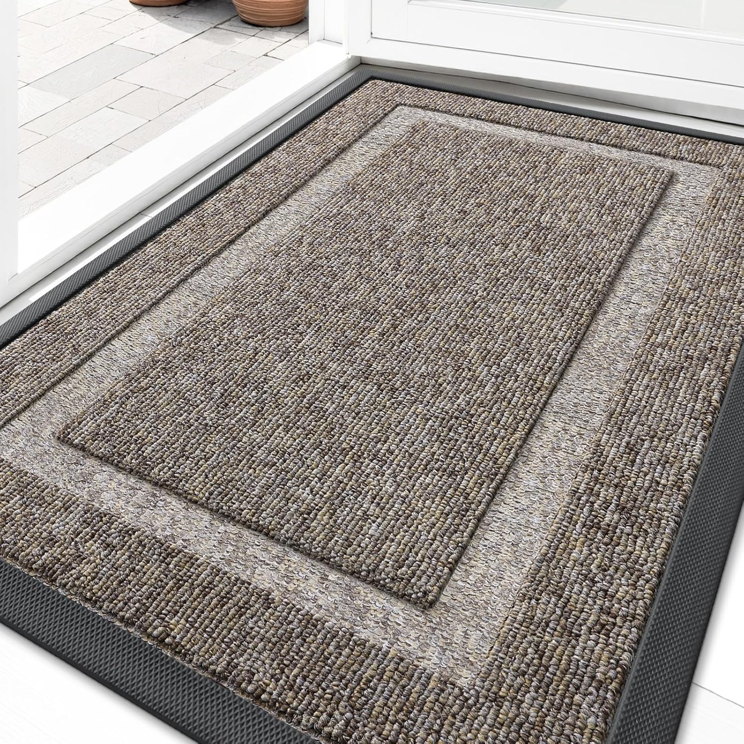 OLANLY Front Door Mat Indoor Outdoor Entrance, Waterproof All-Season, All-Weather Doormat, Sturdy Natural Rubber, Fade Resistant, Low Profile, Easy Clean Patio Porch Entryway Mat, 29.5x17, Beige