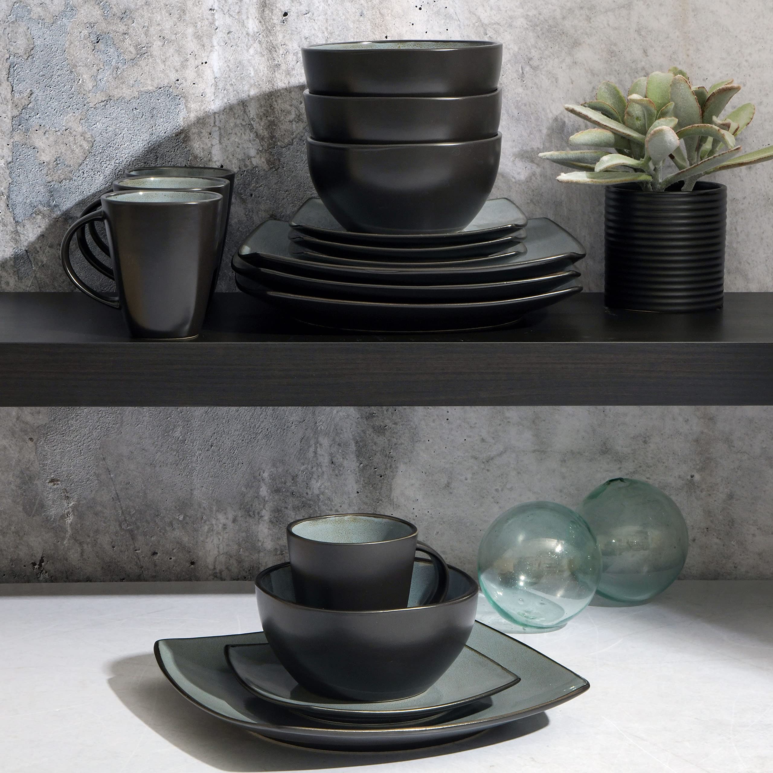 Gibson Elite Soho Lounge Square 16-Piece Dinnerware Set, Service for 4, Reactive Glaze Stoneware Plates and Bowls, Modern Dishes, Microwave & Dishwasher Safe – Red and Black