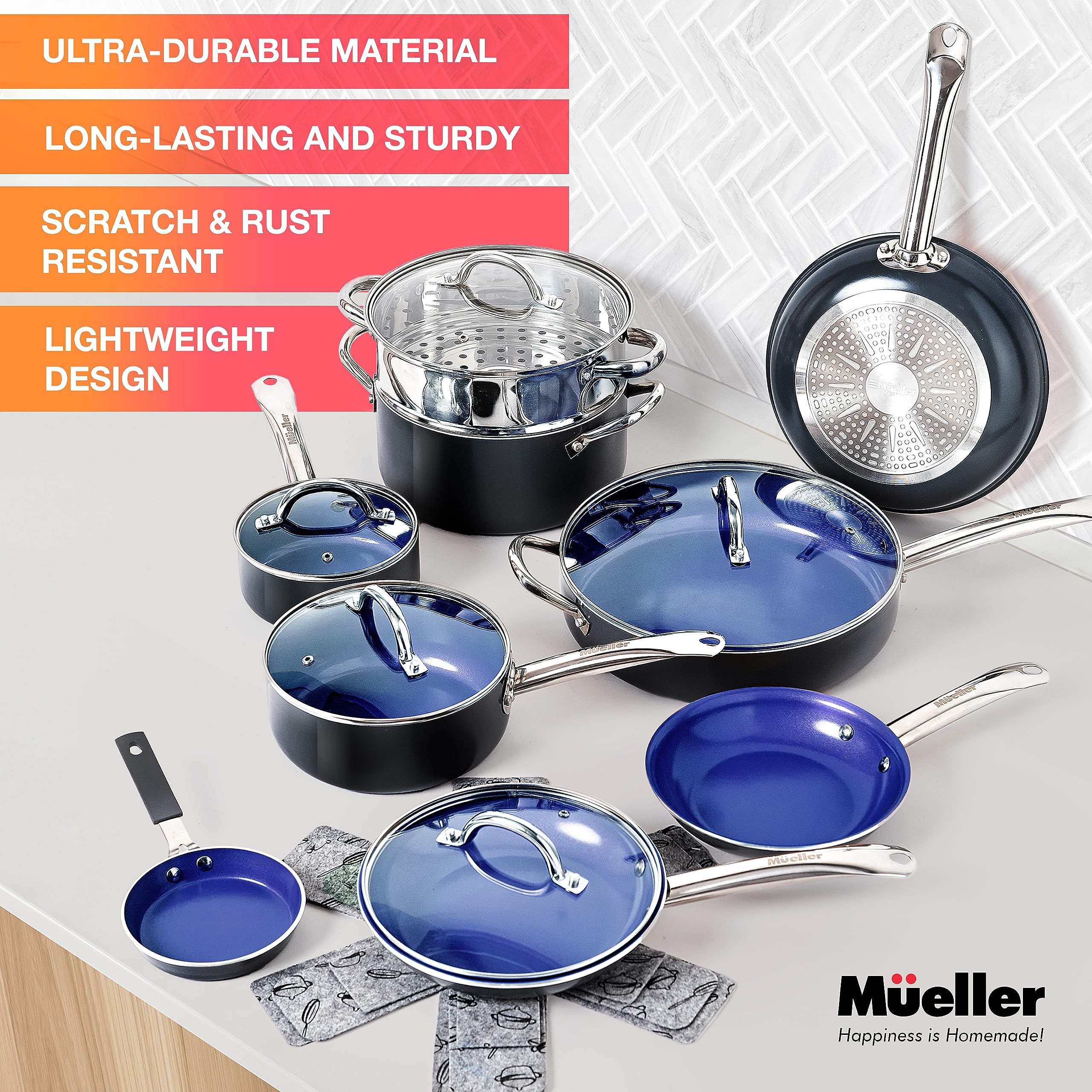 Mueller Pots and Pans Set 17-Piece, Ultra-Clad Pro Stainless Steel Cookware Set, Ergonomic EverCool Handle, Induction Cookware, Includes Saucepans, Skillets, Dutch Oven, Stockpot, Steamer For Cooking