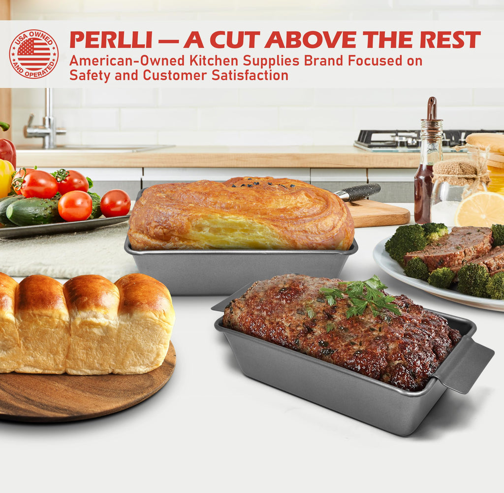 PERLLI Meat Loaf Pan with Drip Tray – 2 Pc. 9.8 x 5.7 In. High-Carbon-Steel Nonstick Meatloaf Pan with Drain Tray – Large BPA-Free Oven Loaf Pan for Baking, Bread, Cakes, Roasting Meat, & More