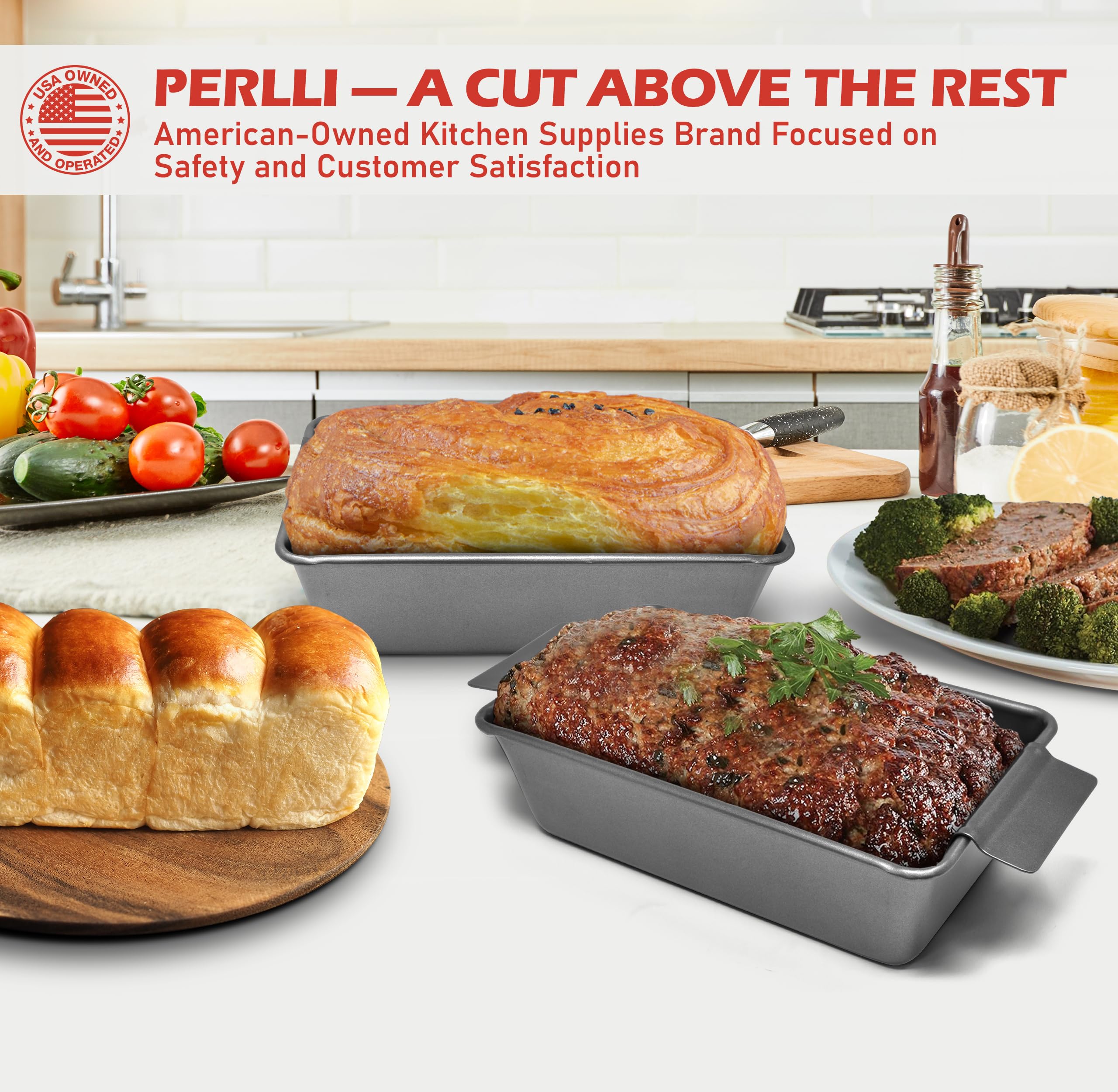 PERLLI Meat Loaf Pan with Drip Tray – 2 Pc. 9.8 x 5.7 In. High-Carbon-Steel Nonstick Meatloaf Pan with Drain Tray – Large BPA-Free Oven Loaf Pan for Baking, Bread, Cakes, Roasting Meat, & More