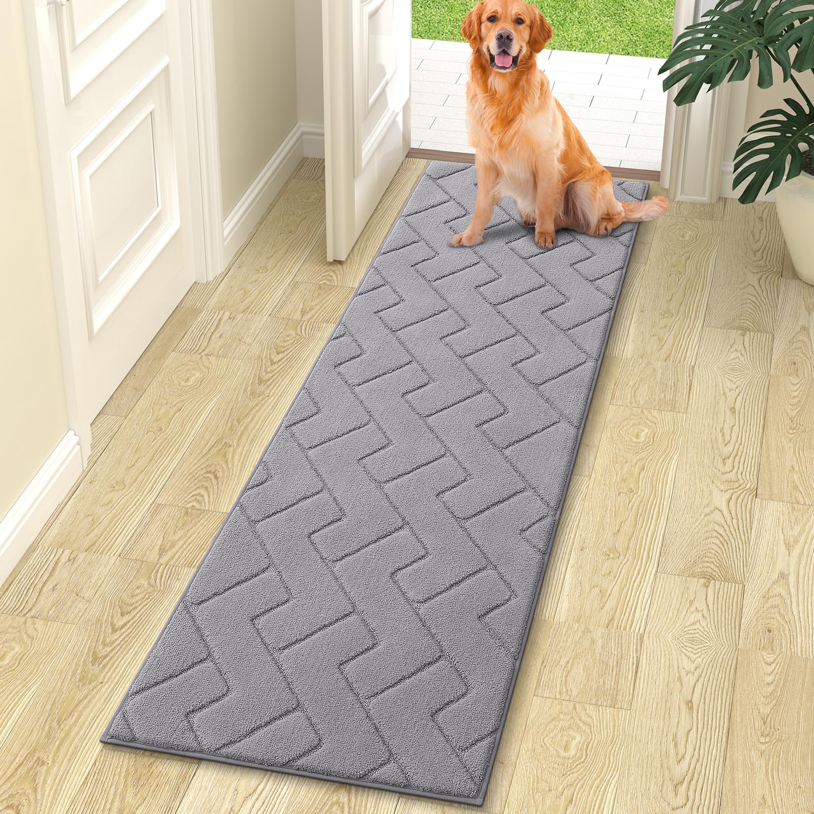 OLANLY Indoor Door Mat, 32x20, Dirt Resistant and Absorbent, Sturdy Non-Slip Rubber Backing, Easy to Clean, Washable Low-Profile Doormat for Entryway, Grey