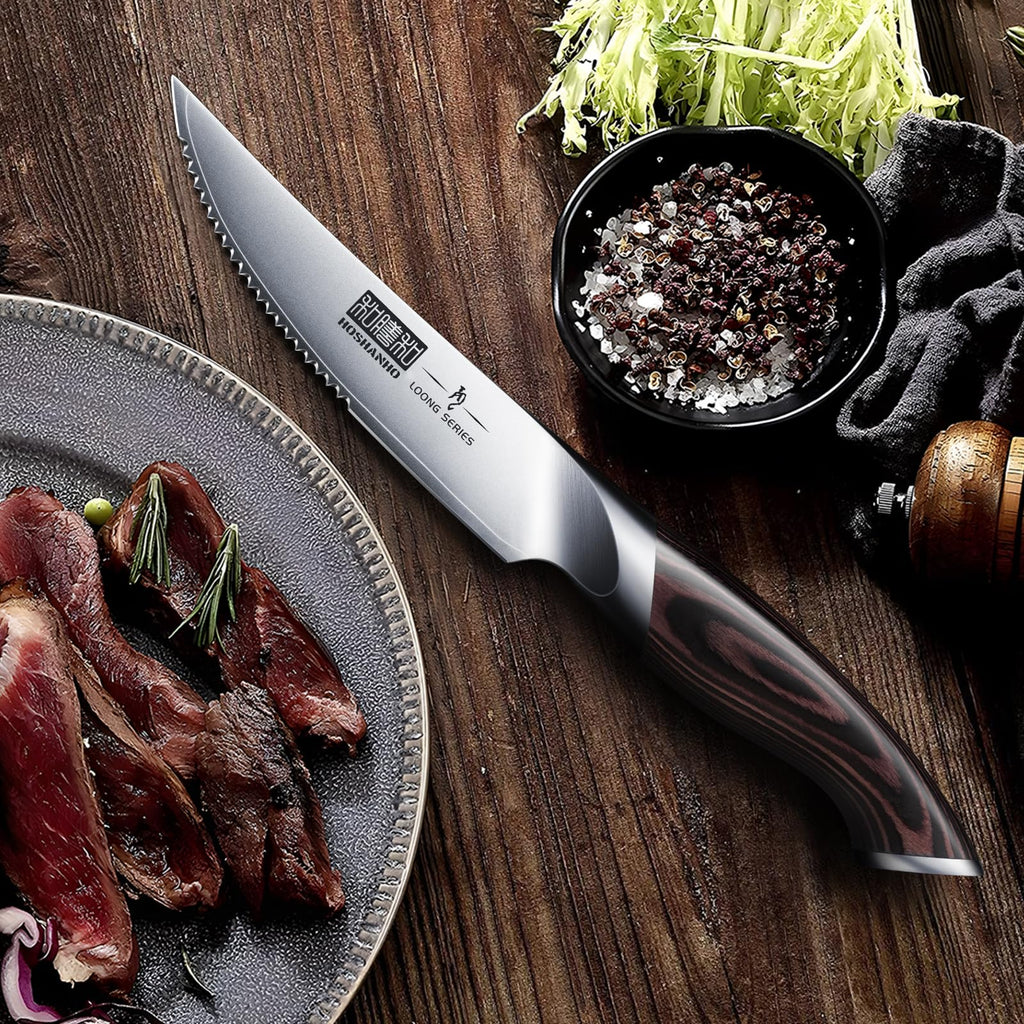 HOSHANHO Steak Knives Set of 6, Ultra Sharp 4.5 Inch Serrated Steak Knife Set, Japanese High Carbon Steel Kitchen Steak Knives with Ergonomic Handle