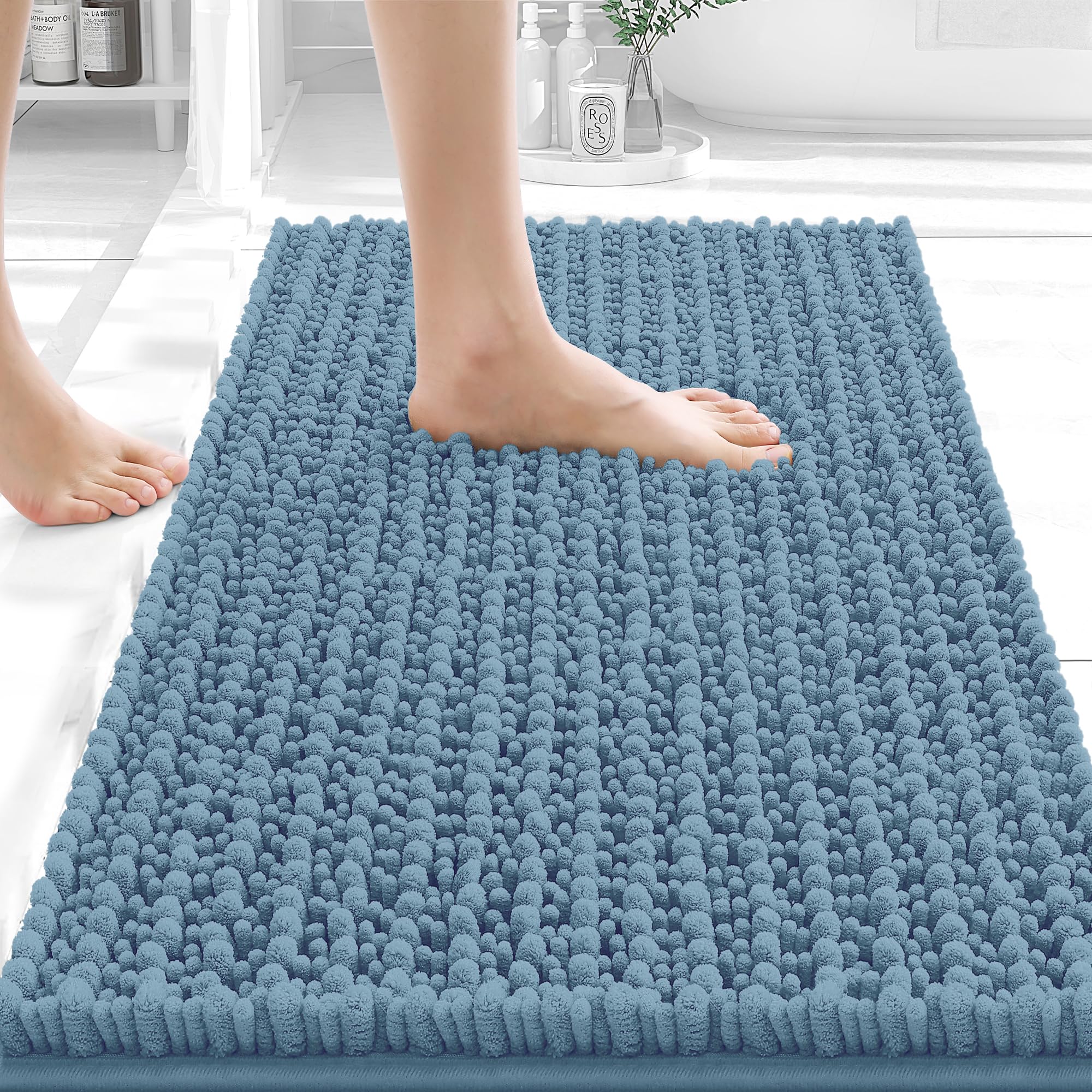 OLANLY Bathroom Rug Mat 30x20, Thick Soft and Absorbent Chenille Bath Mat, Non-Slip Rubber Backing, Machine Washable Quick Dry Bath Rugs for Tub Shower Floor, Home Decor Accessories, Grey