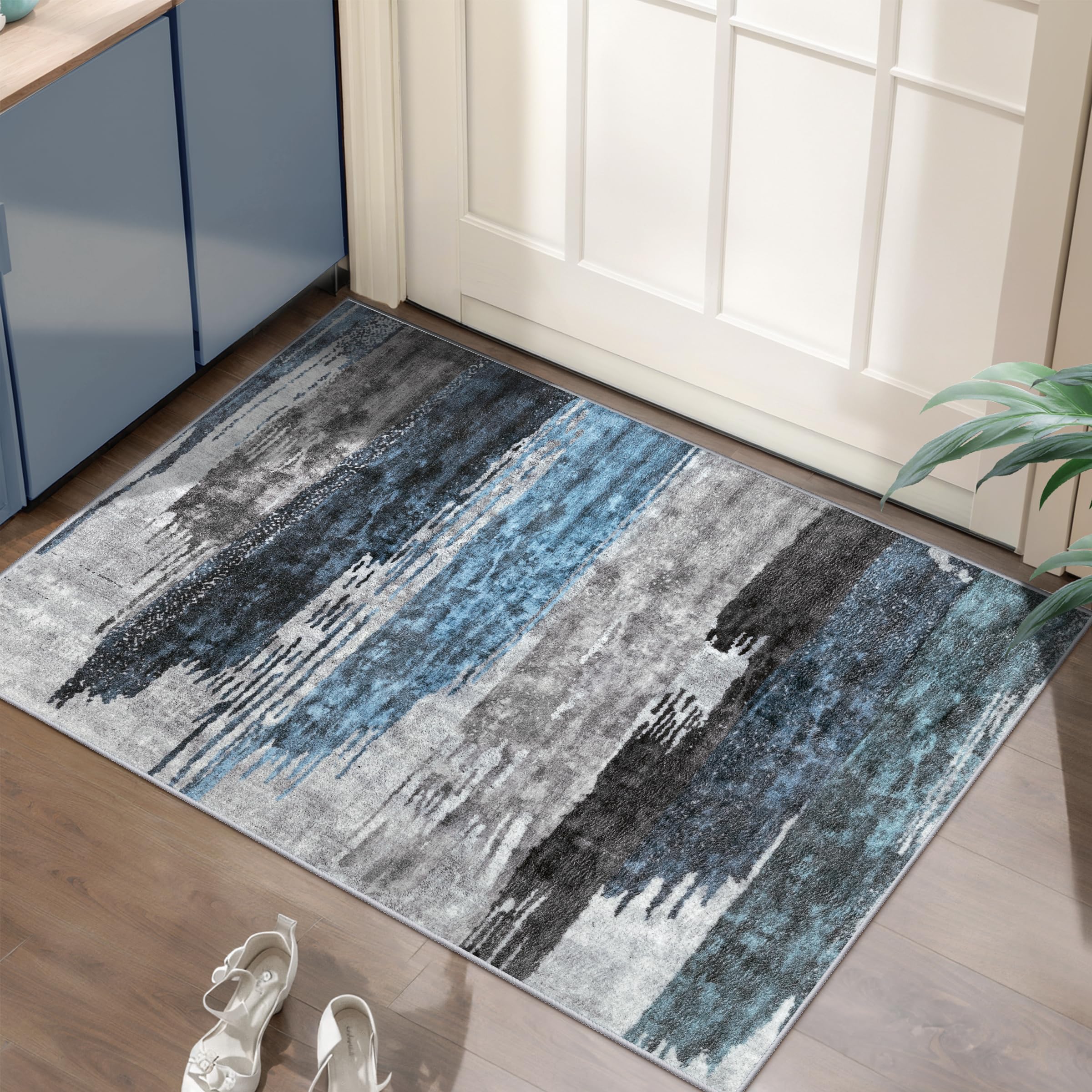 Ciicool Modern Abstract Area Rug 2x3 Washable Small Entryway Rug, Non-Slip Low Pile Throw Rug, Foldable Kitchen Bathroom Rugs, Blue Grey Floor Carpet for Entrance Living Room Bedroom Indoor Doormat