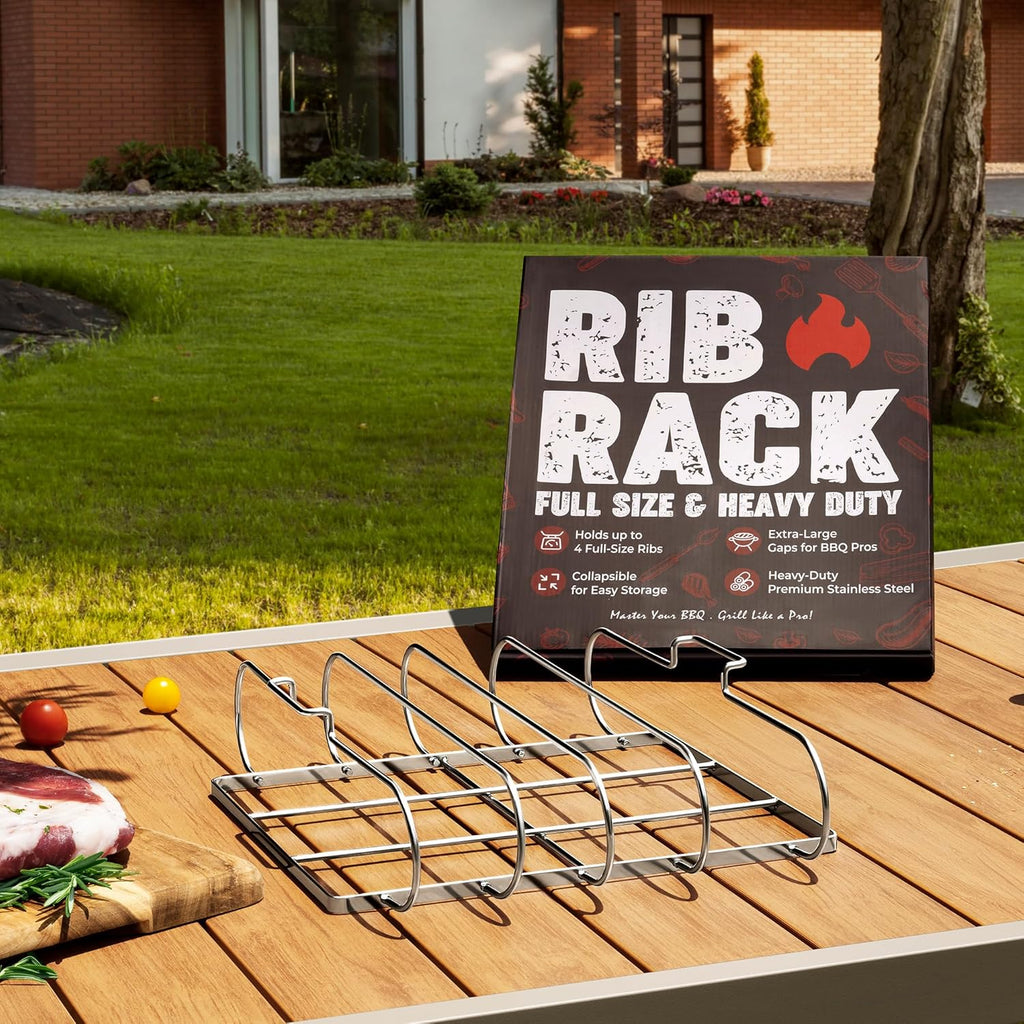 SHIZZO Rib Rack for Smoking & Grilling, Holds up to 4 Full Racks of Ribs, Foldable Design, Fits Large Gas Smoker or Charcoal Grill, Perfect BBQ Accessory, Smoker Accessories, Gifts for Men, Father