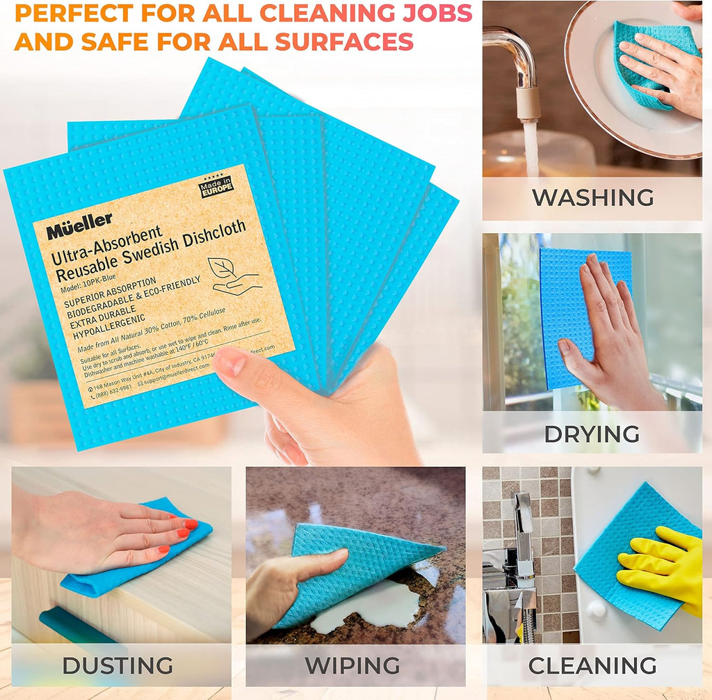 Mueller Swedish Dish Cloths, 10 Pack Reusable Hand Towels for Kitchen, Counters & Washing Dishes, Extra Durable, Ultra-Absorbent, Cellulose Sponge, Eco Friendly and Hypoallergenic, Gifts, Blue