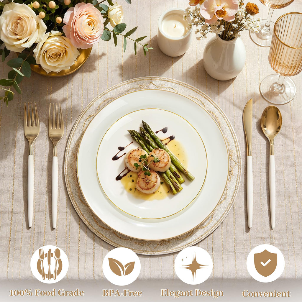 DaYammi 150Pcs Ivory Plastic Plates with Gold Rim,Disposable Plastic Plates Include 30 Dinner Plate,30 Salad Plate,30 Forks,30 Spoons,30 Knives,Ivory and Gold Plates for Party,Wedding,Mother's Day