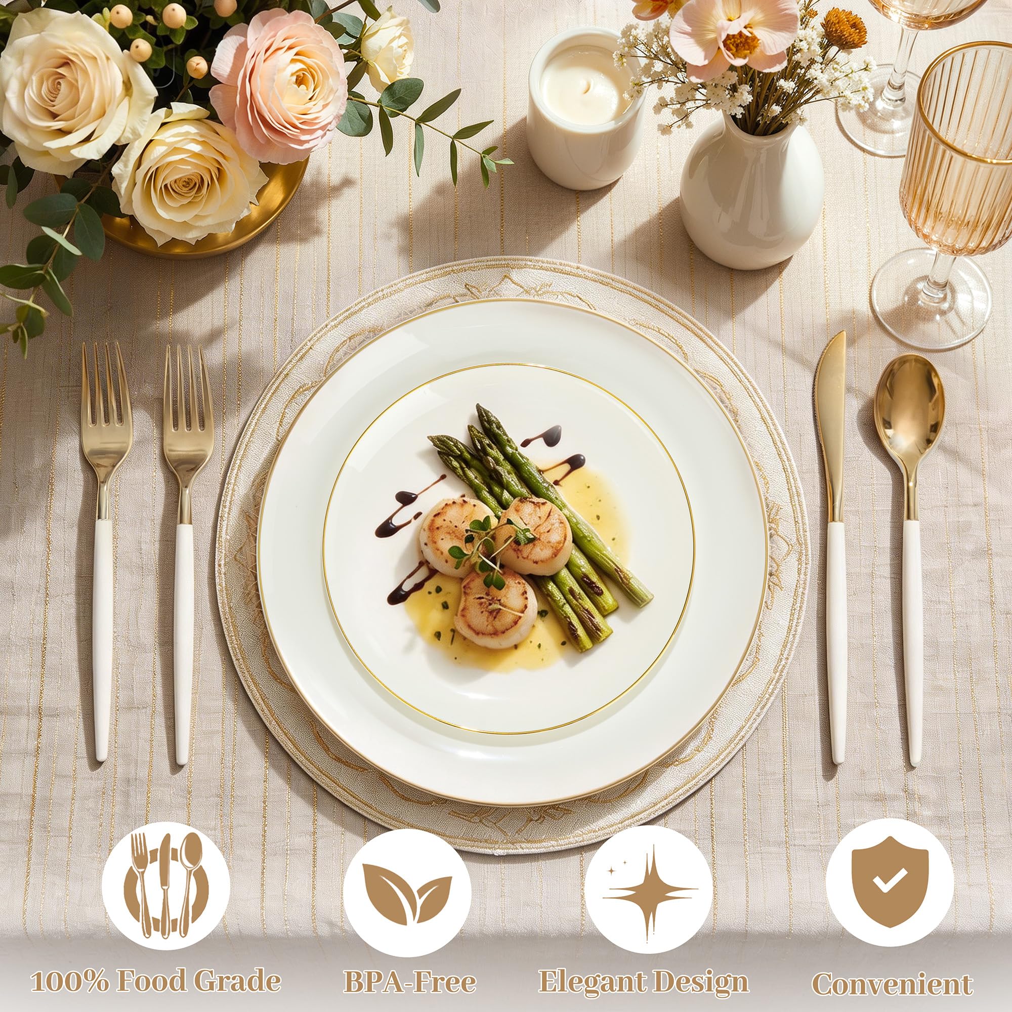 DaYammi 150Pcs Ivory Plastic Plates with Gold Rim,Disposable Plastic Plates Include 30 Dinner Plate,30 Salad Plate,30 Forks,30 Spoons,30 Knives,Ivory and Gold Plates for Party,Wedding,Mother's Day