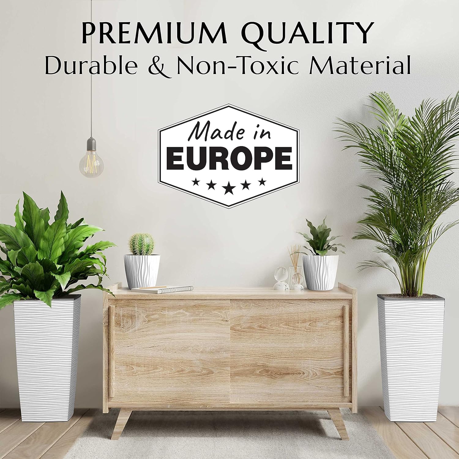 Mueller M-Resin Heavy Duty Tall Planters for Outdoor Plants, Indoor Grande Plant Pots, Boxes, Trees, Flower Pots, 2-Piece Set, 24”, Modern Design, Built-in Drainage, Front Porch Decor, White
