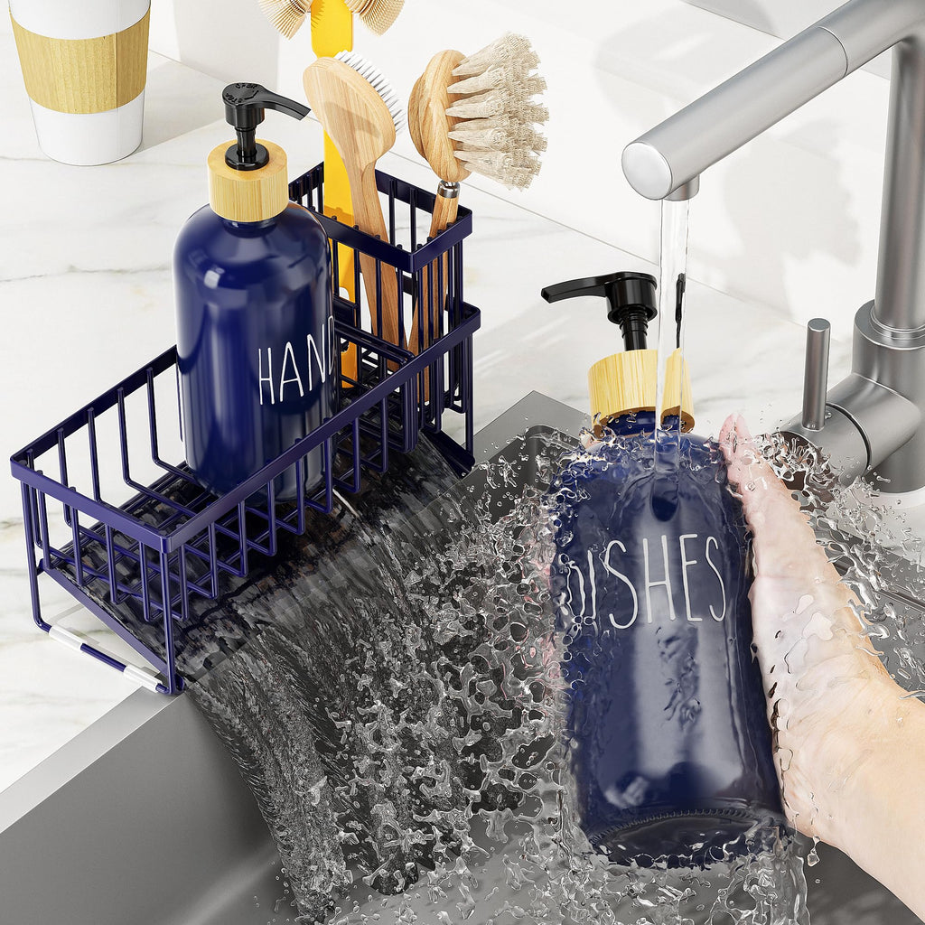 Cisily Kitchen Dish Soap Dispenser Set with 2 Pack 16.9oz Amber Glass Bottle and Sponge Holder, Dish Soap Dispensers with Adjustable Sponge Holder, Vintage Hand and Dish Soap Dispensers Set