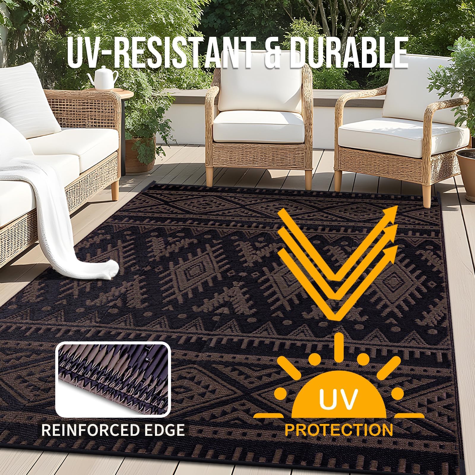 OLANLY Outdoor Rug Waterproof 5x8 ft, Reversible Outdoor Plastic Straw Rug, Boho Patio Rug, Indoor Outdoor Carpet, RV Mat Outside for Patio, Camp, Picnic, Balcony, Deck, Backyard, Black & White