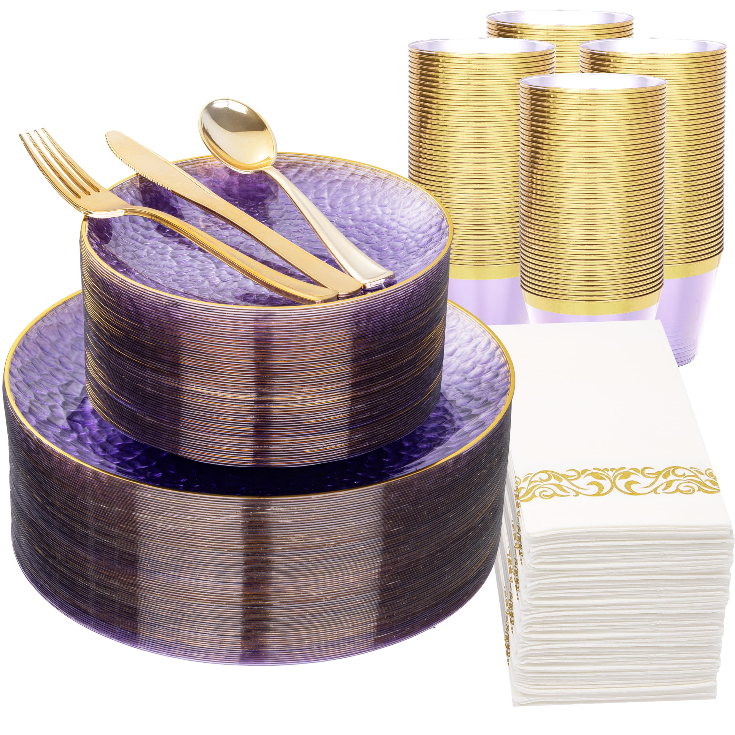 DaYammi 350PCS Clear Gold Plastic Dinnerware Set for 50 Guests, Hammered Disposable Plates for Party, Include: 50 Dinner Plates, 50 Dessert Plates, 150 Gold Silverware, 50 Napkins, 50 Cups