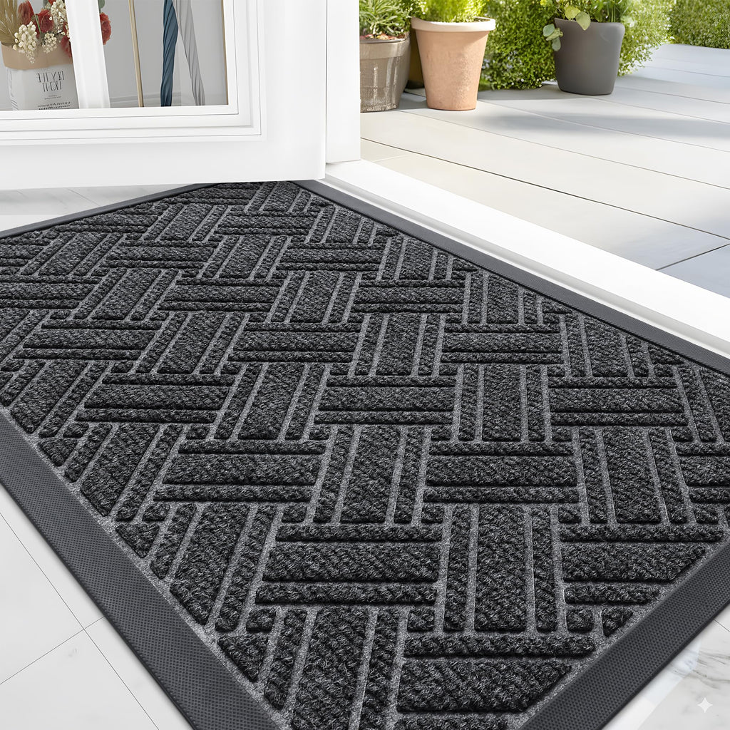 OLANLY Indoor Outdoor Mat, Sturdy Natural Rubber Floor Mat, Non Slip Low Profile Waterproof Doormat, and Stain Front Door Mats, Easy Clean Patio Entrance Mat, 30''x17'', Black