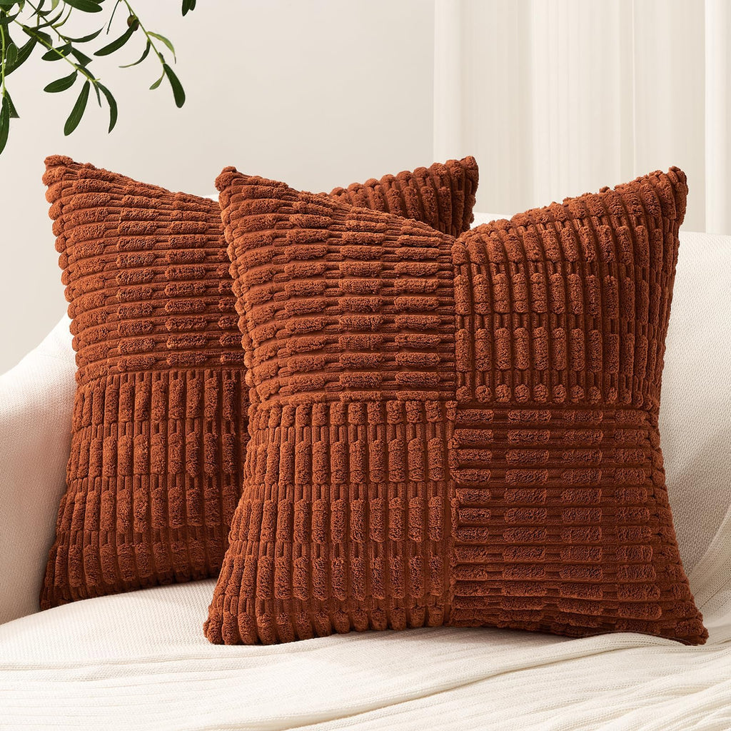 Topfinel Fall Pillow Covers Set of 2 Soft Corduroy Boho Strip Textured Terracotta Pillow Covers Modern Farmhouse Cute Autumn Home Decor Burnt Orange Living Room Sofa Couch Bed 30x30 cm