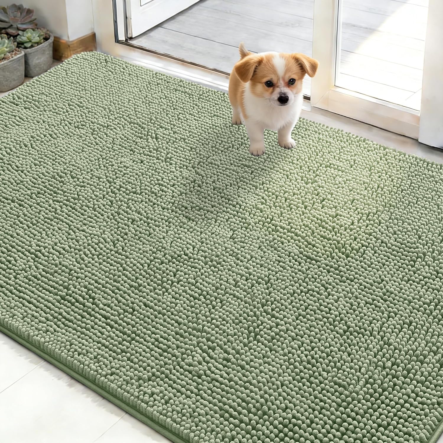 OLANLY Dog Door Mat for Muddy Paws 48x30, Absorbs Moisture and Dirt, Absorbent Non-Slip Washable Doormat, Quick Dry Chenille Mud Mat for Dogs, Entry Indoor Entryway Carpet for Inside Floor, Grey
