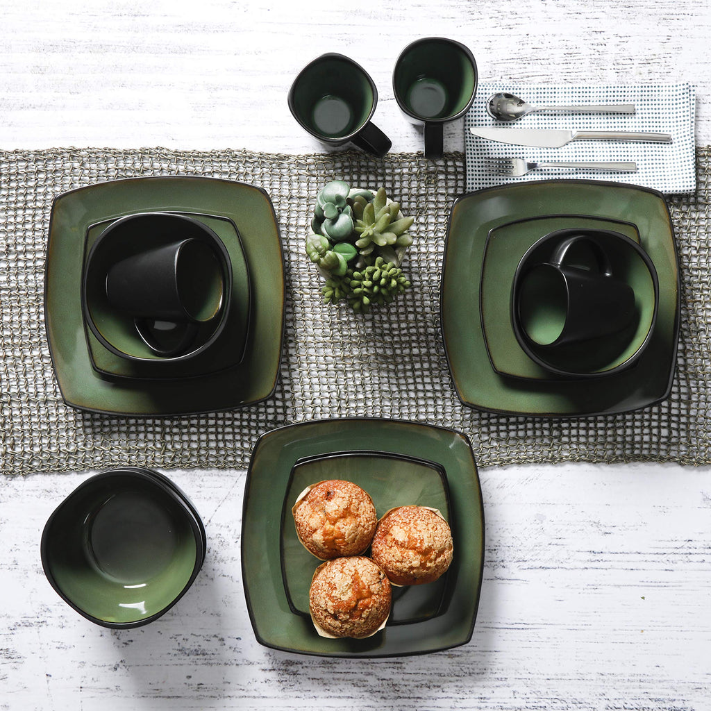 Gibson Elite Soho Lounge Square 16-Piece Dinnerware Set, Service for 4, Reactive Glaze Stoneware Plates and Bowls, Modern Dishes, Microwave & Dishwasher Safe – Red and Black