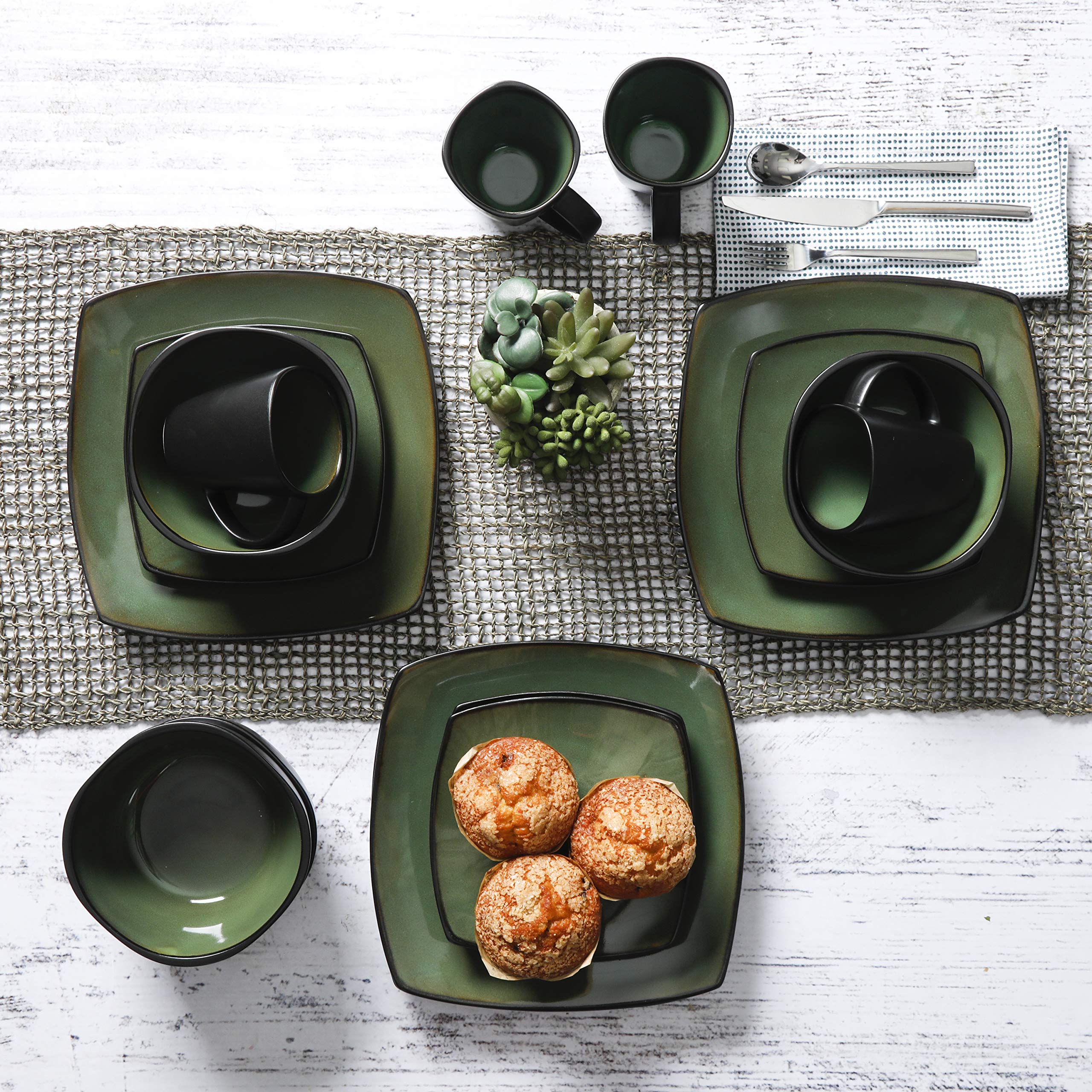 Gibson Elite Soho Lounge Square 16-Piece Dinnerware Set, Service for 4, Reactive Glaze Stoneware Plates and Bowls, Modern Dishes, Microwave & Dishwasher Safe – Red and Black