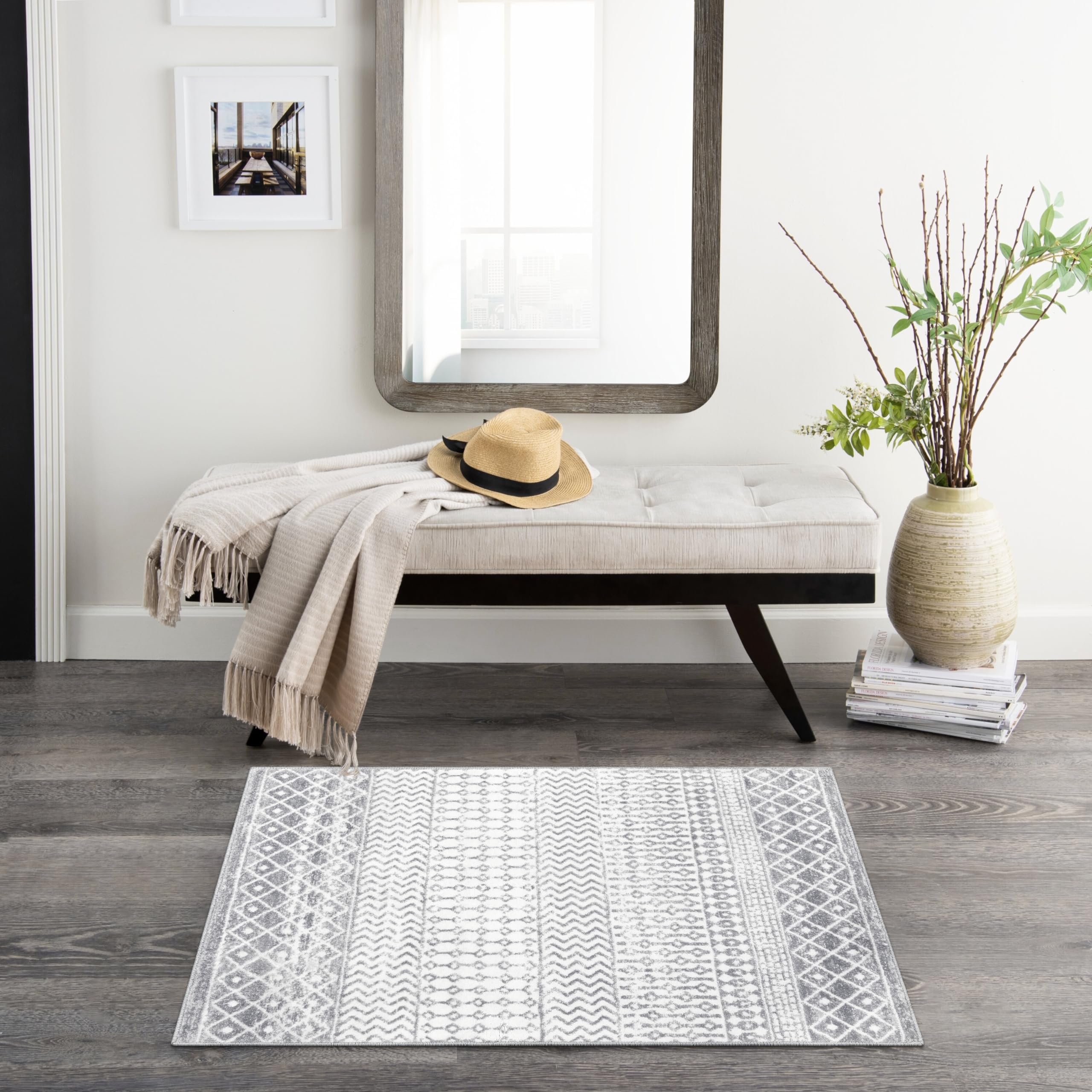 Moroccan Washable Rugs, 2x3 Light Grey Rug Non-Slip Small Distressed Entryway Rugs, Soft Low-Pile Bedroom Rug Indoor Doormat Carpet for Entryway Kitchen Bathroom