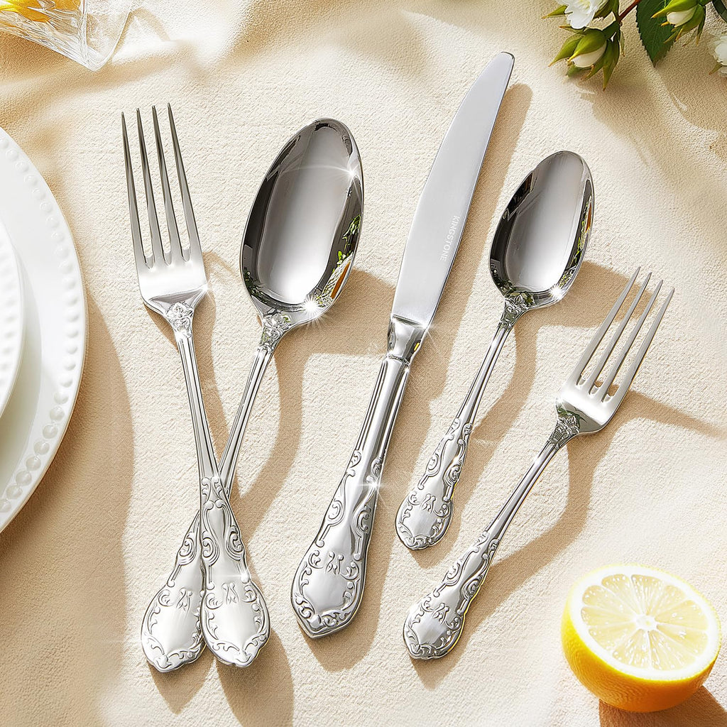 KINGSTONE Vintage Silverware Set, 40-Piece 18/10 Stainless Steel Retro Royal Flatware Cutlery Set for 8 with Carved Thick Handles, Tableware Utensils for Home,Party,Restaurant,Wedding,Dishwasher Safe
