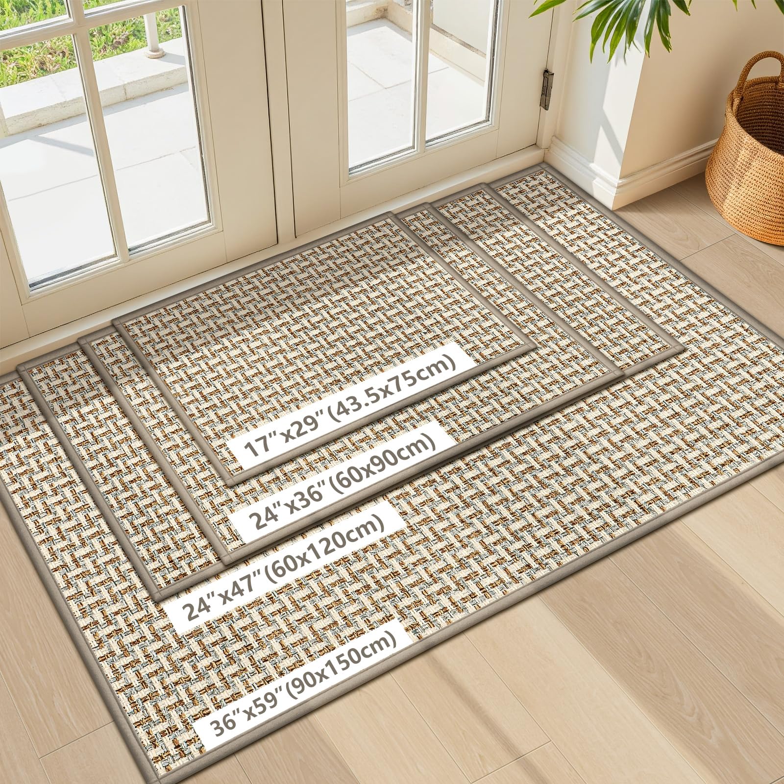 LEKEEPGO Ultra Thin Indoor Door Mat 17"x29", Low-Profile Door Mat Indoor Entrance, Non Slip Rubber Backing Inside Doormat Washable Welcome Front Entryway Dirt Trapper Entry Mat, Khaki