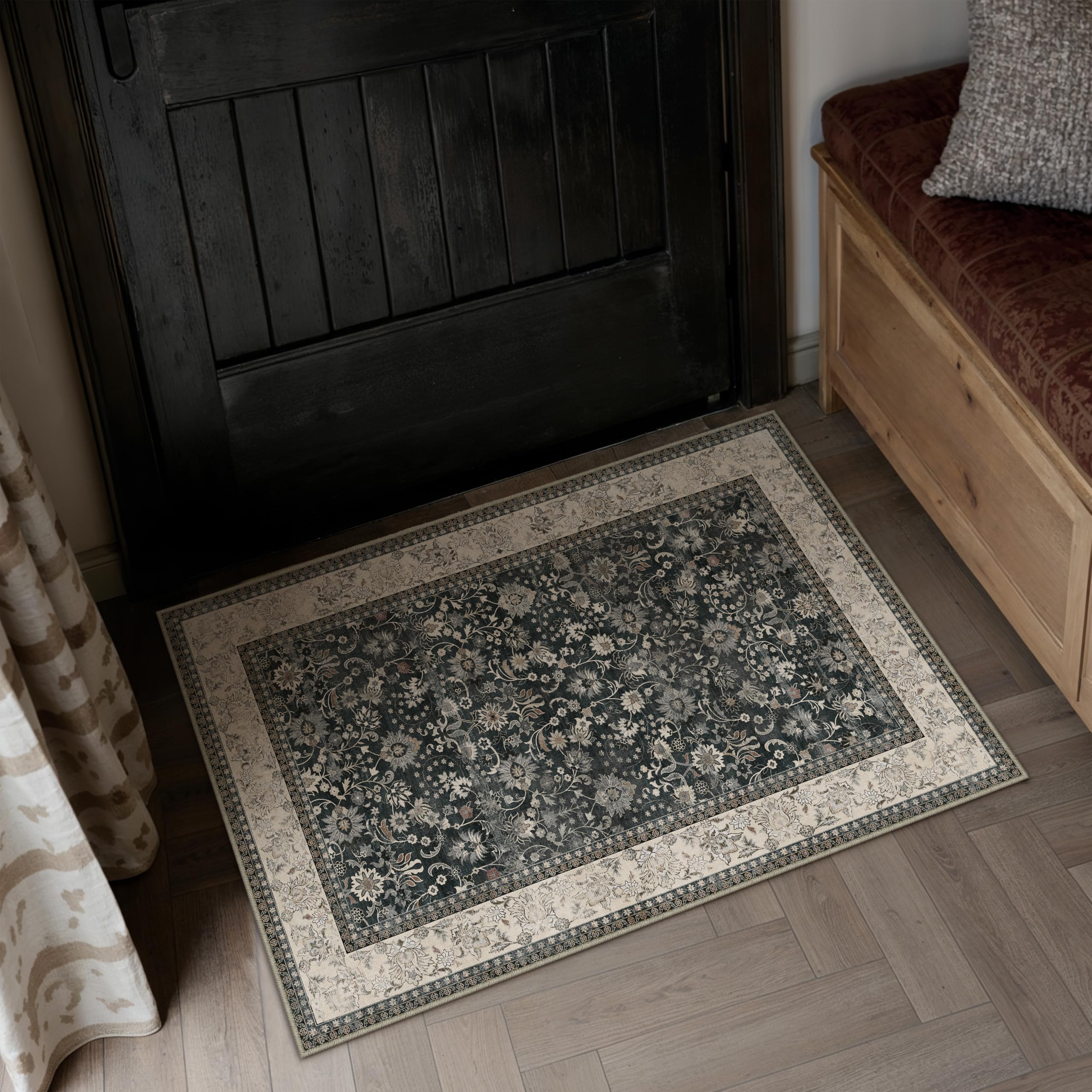 HUGEAR 5x7 Machine Washable Rugs Brown Hallway Area Rug Indoor Accent Rug Floral Low Pile Carpet Soft Throw Aesthetic Rug Bedroom Living Room Office Dining Room Kitchen Laundry Room Non Slip