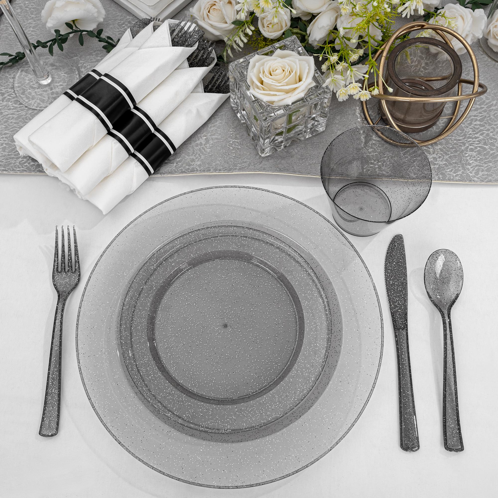 DaYammi 350PCS Gold Plastic Dinnerware Set for 50 Guests, Fancy Disposable Plates for Party, Include: 50 Dinner Plates, 50 Dessert Plates, 50 Pre Rolled Napkins with Gold Silverware, 50 Cups